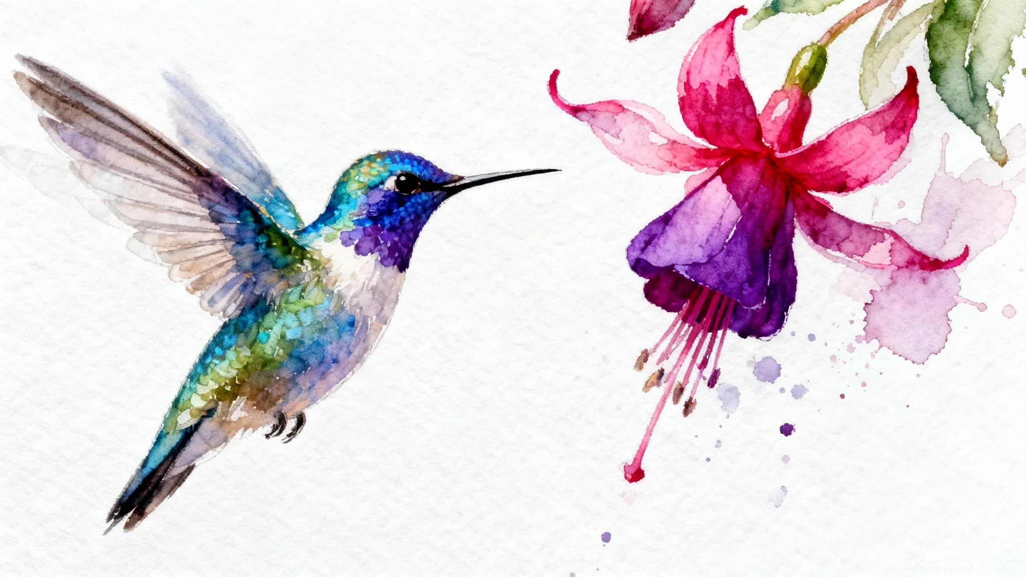 A delicate watercolor painting of a colorful hummingbird hovering next to a pink fuchsia flower, isolated on a clean white background.
