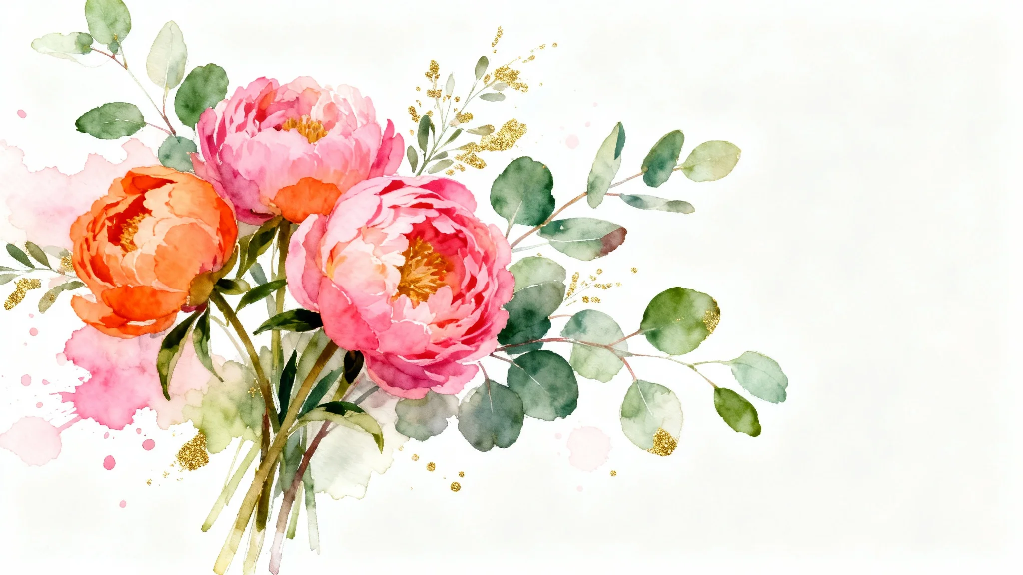A delicate watercolor painting of pink and orange peonies with green eucalyptus leaves, showcased against a clean white background.