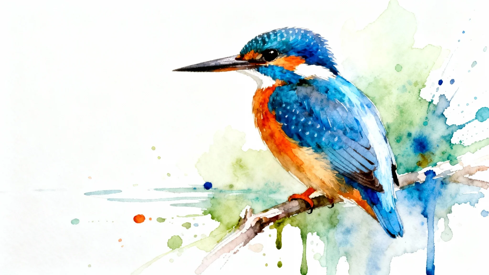 A beautiful watercolor painting of a kingfisher bird with vibrant blue and orange feathers, featuring artistic paint splatters, isolated on a clean white background.