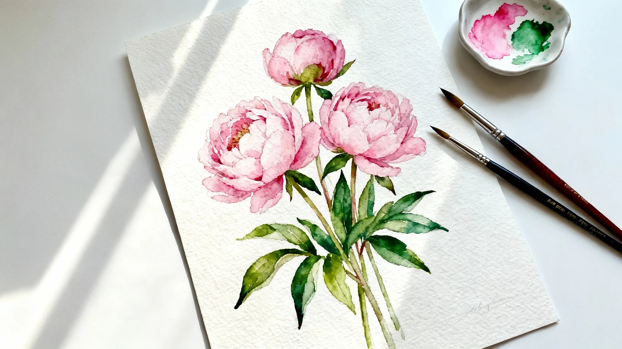A beautiful watercolor painting of pink peonies on textured paper, placed next to paintbrushes and a palette on a clean white surface.