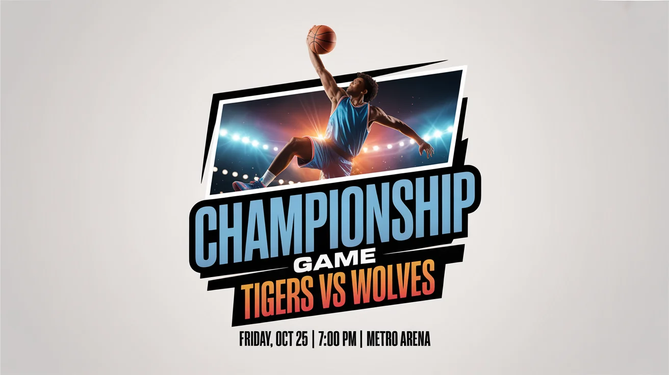 A professionally designed, modern sports flyer for a basketball championship game. It features a dynamic photo of a player dunking and bold text with event details.