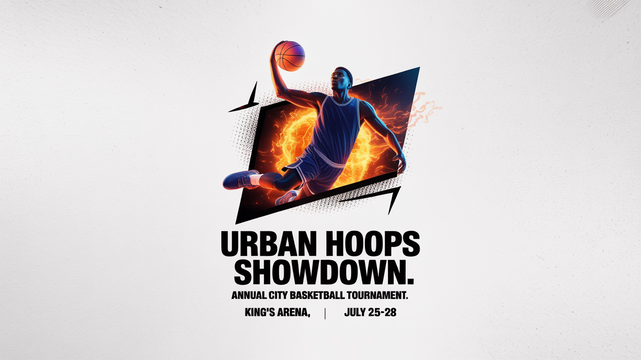 A mockup of a professionally designed sports flyer for a basketball tournament called 'Urban Hoops Showdown', set against a white background.