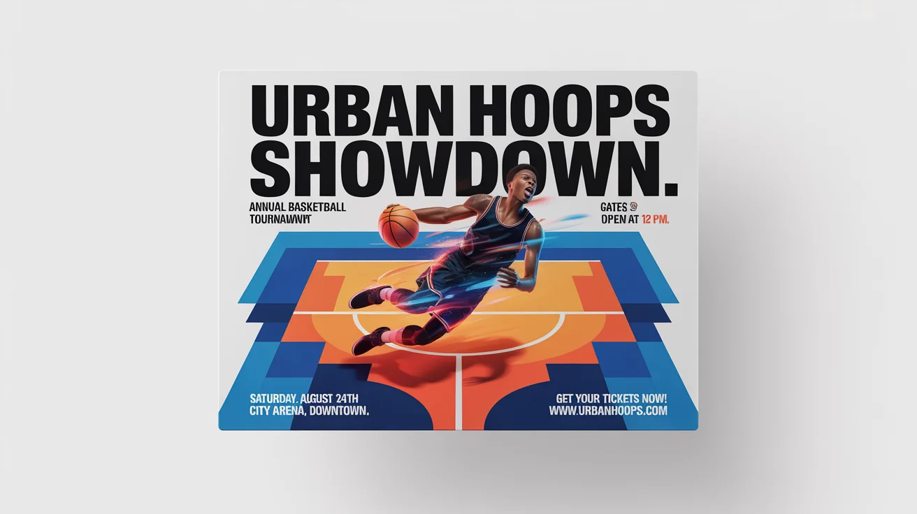 A professionally designed sports flyer for a basketball tournament called 'Urban Hoops Showdown', set against a white background.
