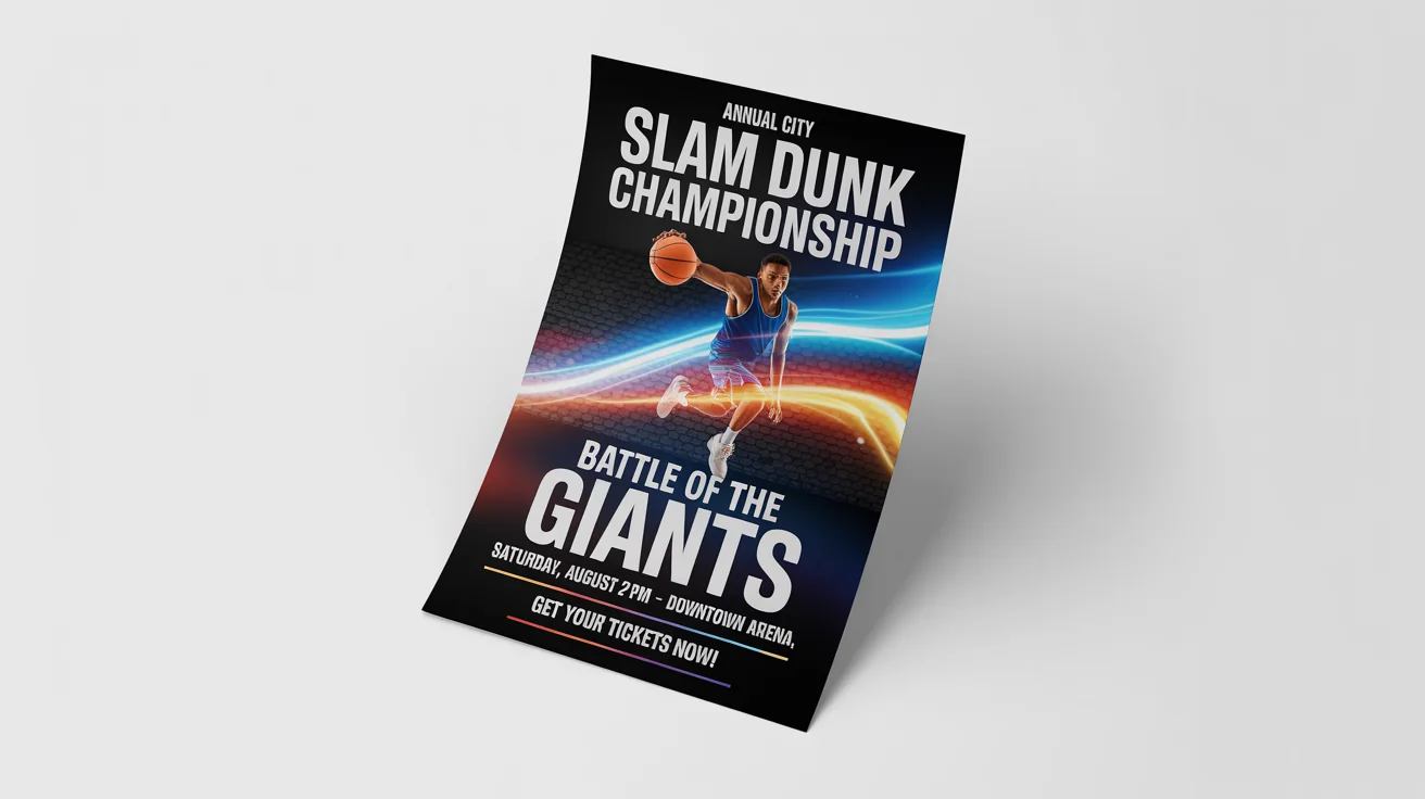 A mockup of a modern sports flyer for a basketball slam dunk championship, featuring a dynamic image of a player dunking and event details in bold text, set against a white background.