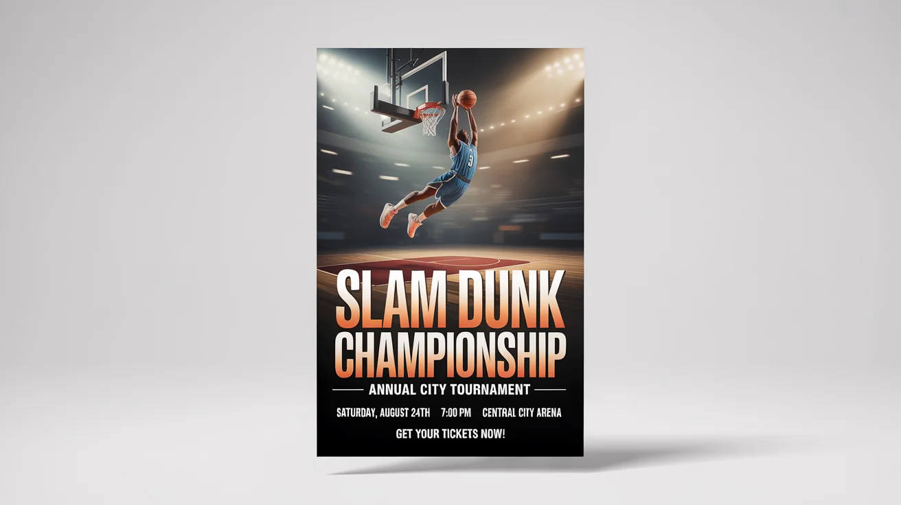 A modern sports flyer mockup for a 'Slam Dunk Championship' basketball event, featuring a player dunking a basketball. The flyer is shown against a plain white background.