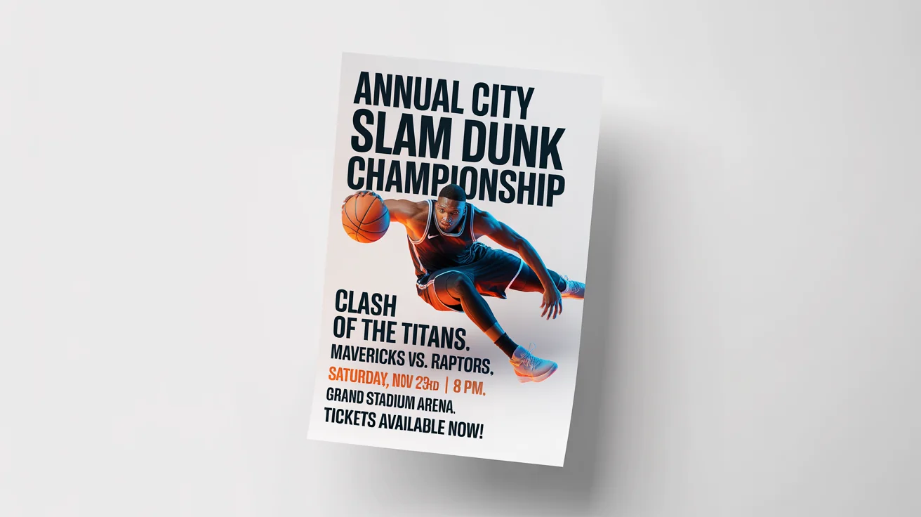 A professionally designed sports flyer for a basketball championship, featuring a player mid-dunk. The flyer is set against a plain white background, creating a clean mockup.