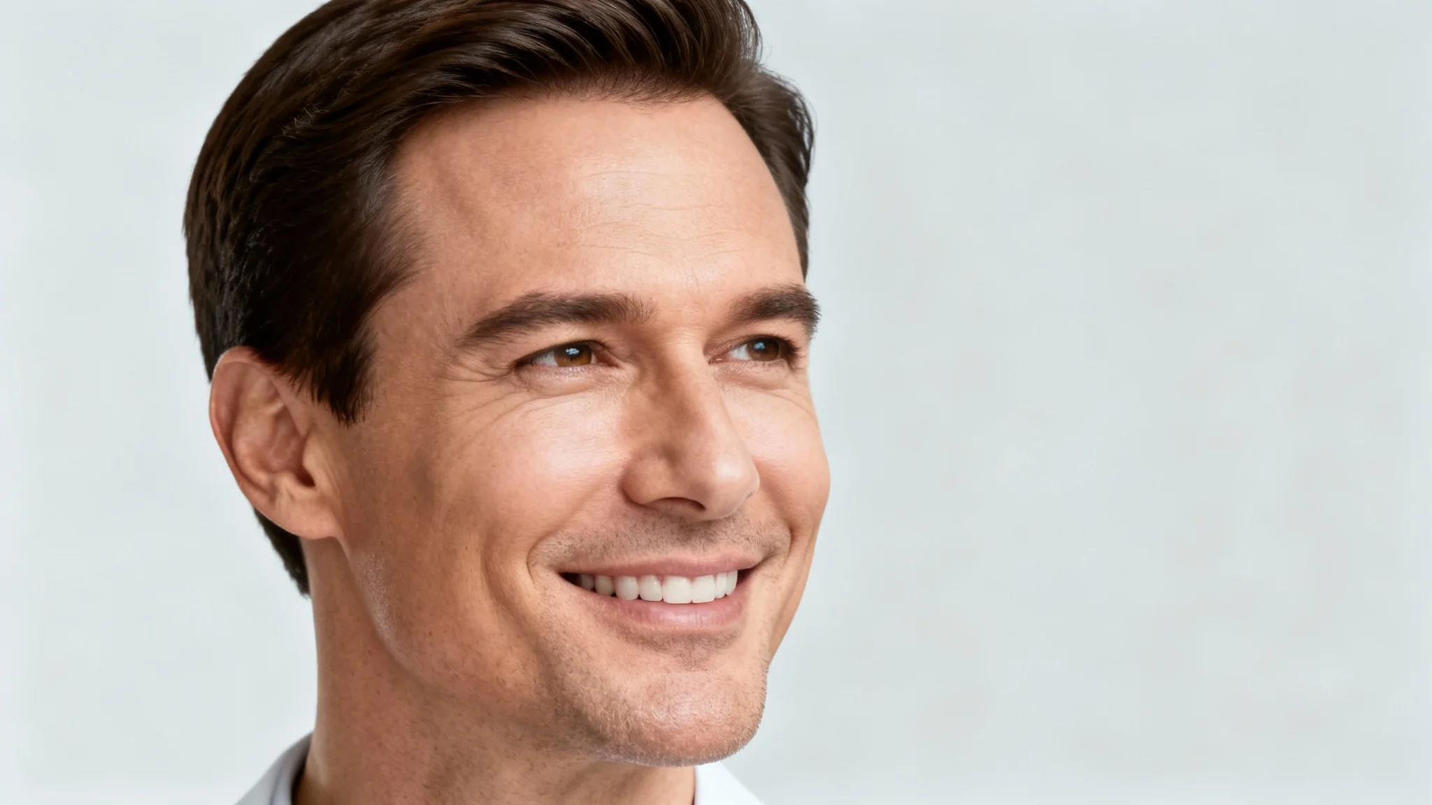 A close-up photorealistic image of a man in his late 30s with a full, healthy, and restored hairline, smiling confidently against a plain background.