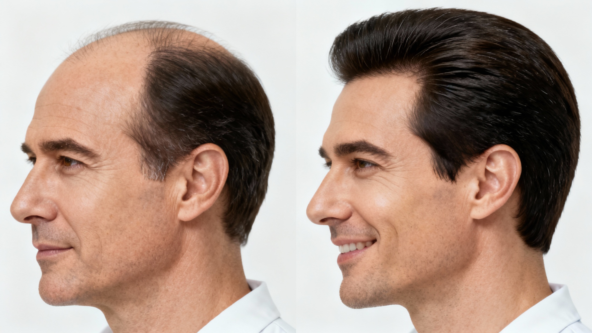 A before-and-after comparison image of a man's hairline restoration. The left side depicts a receding hairline, while the right side shows a full, natural-looking hairline, demonstrating the results of the procedure.