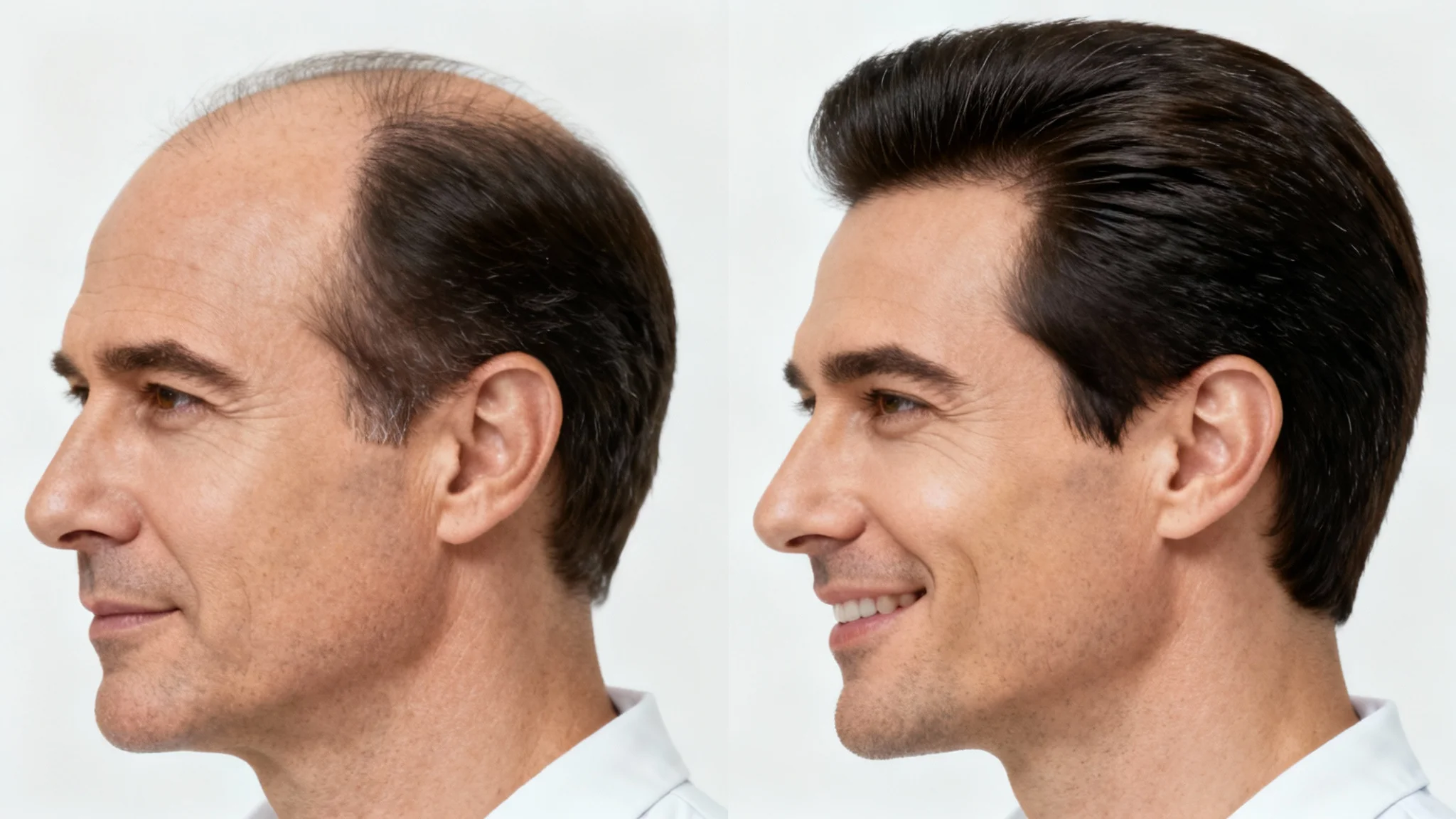 A before-and-after comparison image of a man's hairline restoration. The left side depicts a receding hairline, while the right side shows a full, natural-looking hairline, demonstrating the results of the procedure.