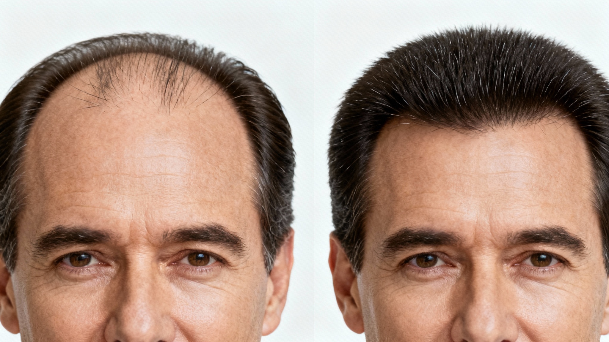 A before and after comparison image demonstrating hairline restoration. The left side shows a receding hairline, while the right side shows a full and dense hairline on the same person.