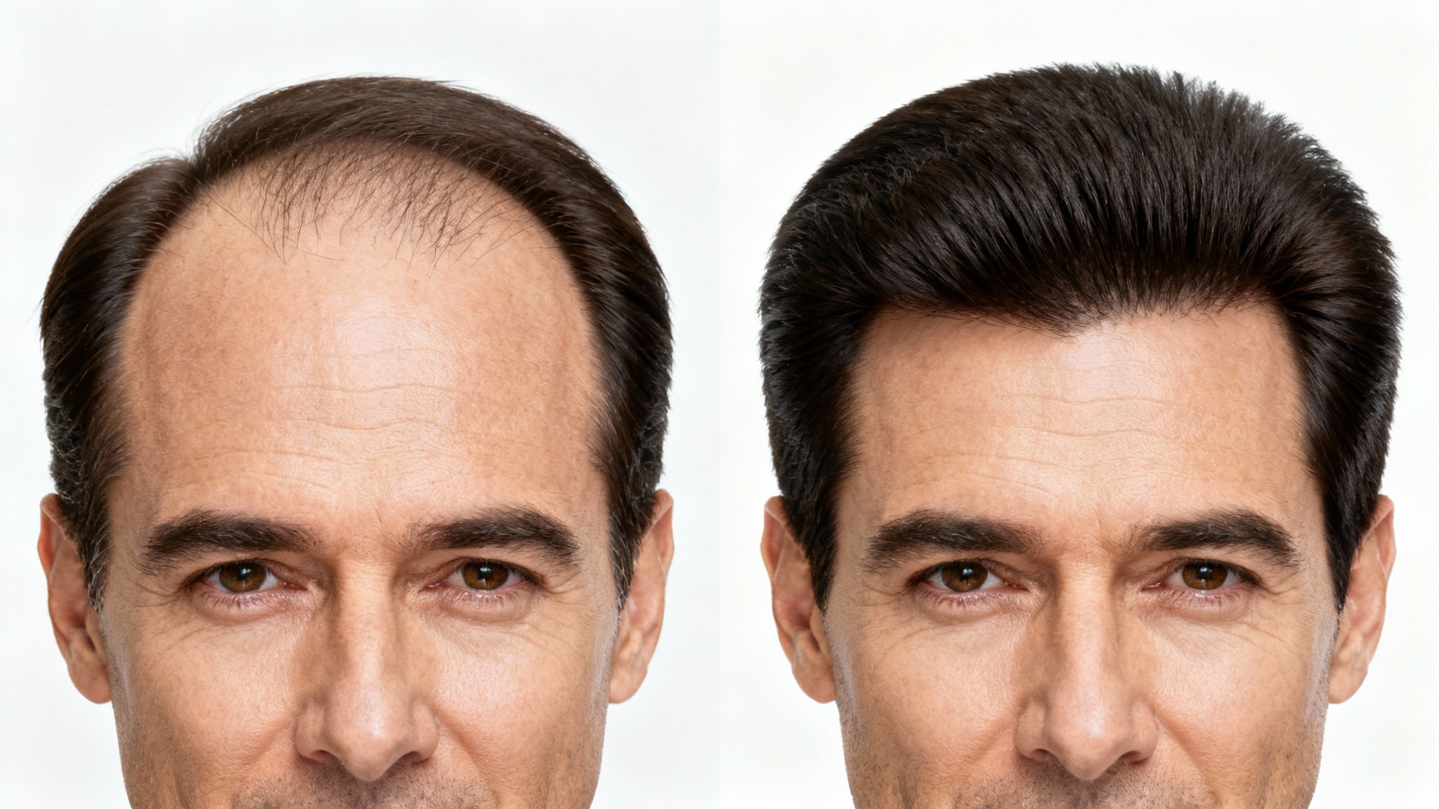 A before-and-after comparison image of a man's hairline restoration. The left side shows a receding, thin hairline, while the right side shows a full, dense, and natural-looking hairline.