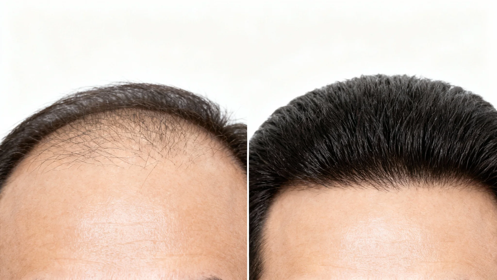 A before-and-after comparison image showing a hairline restoration. The left side shows a receding, thinning hairline, and the right side shows a full, dense, and natural hairline.