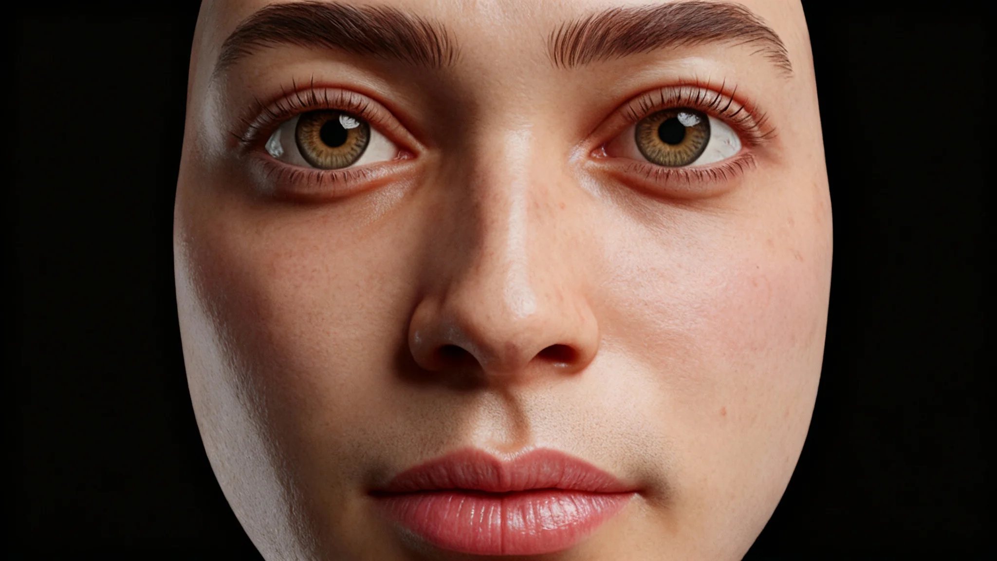 A hyper-realistic, close-up 3D render of a character's face, showing the highly detailed skin, eyes, and lips that result from applying a UV face texture map.