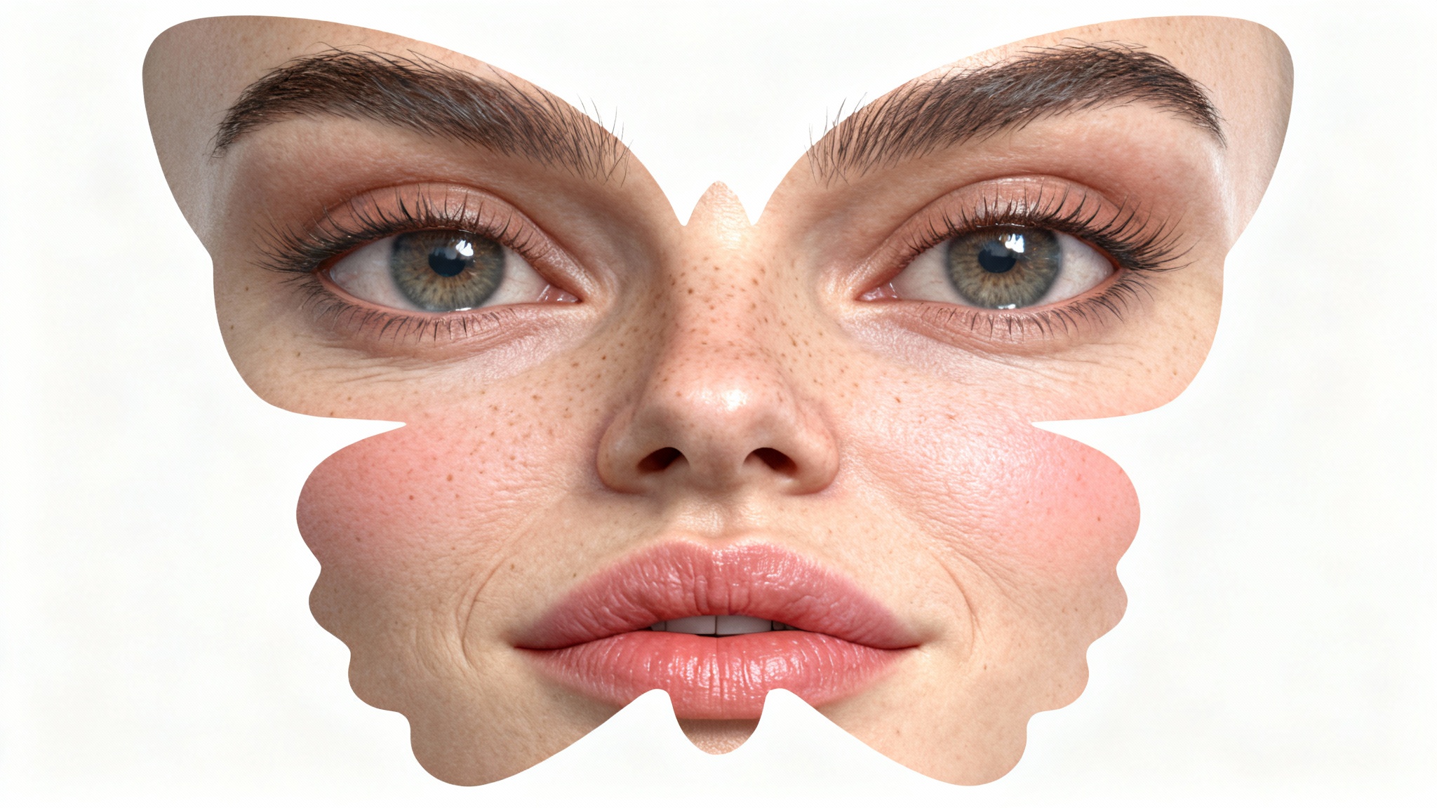 A photorealistic, flattened UV map texture of a human face, laid out symmetrically on a clean white background, showcasing intricate details like skin pores, eyes, and hair for 3D modeling.