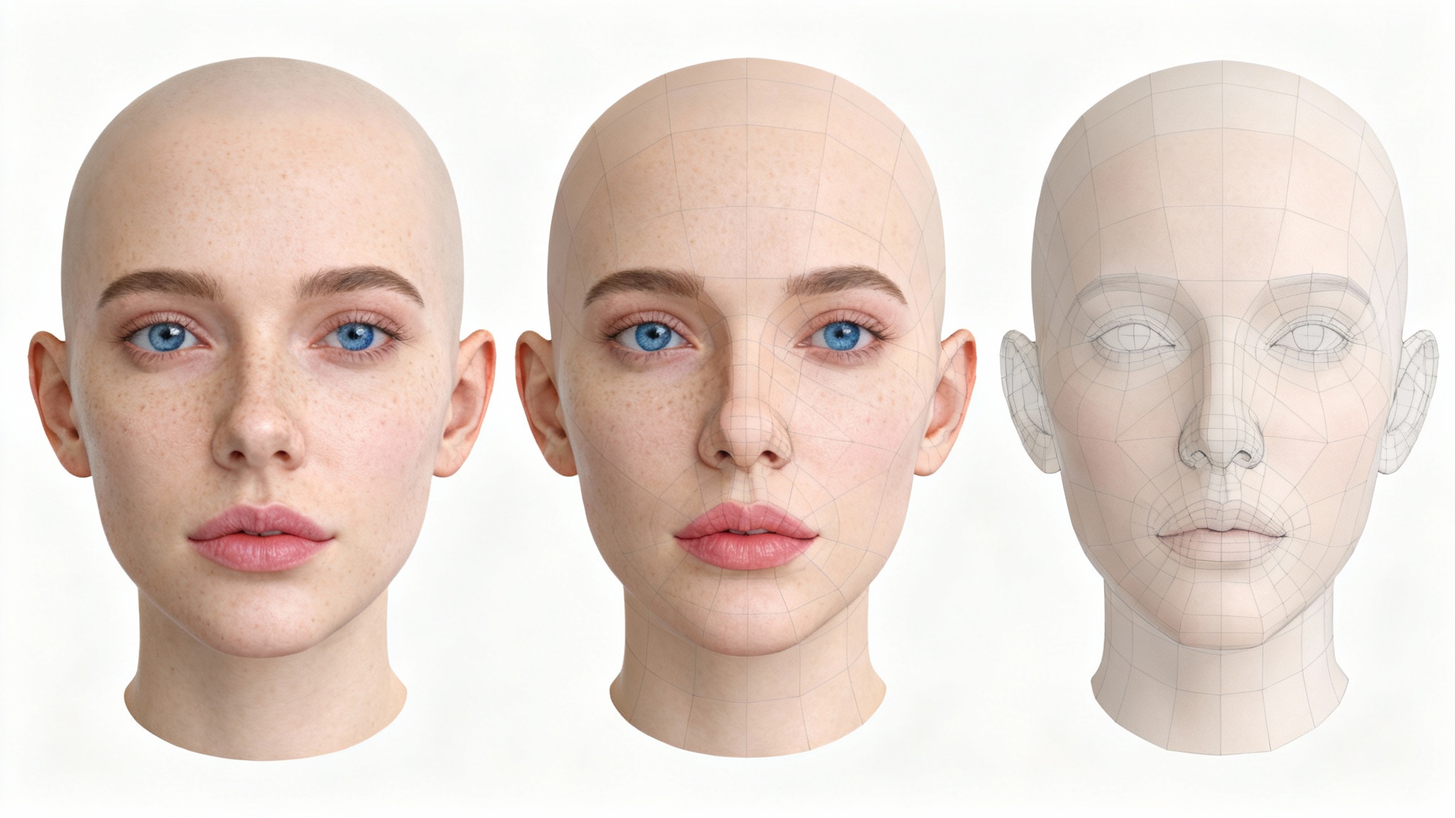 A detailed 2D UV map of a realistic human face, showing the unwrapped skin texture for a 3D model, set against a white background.