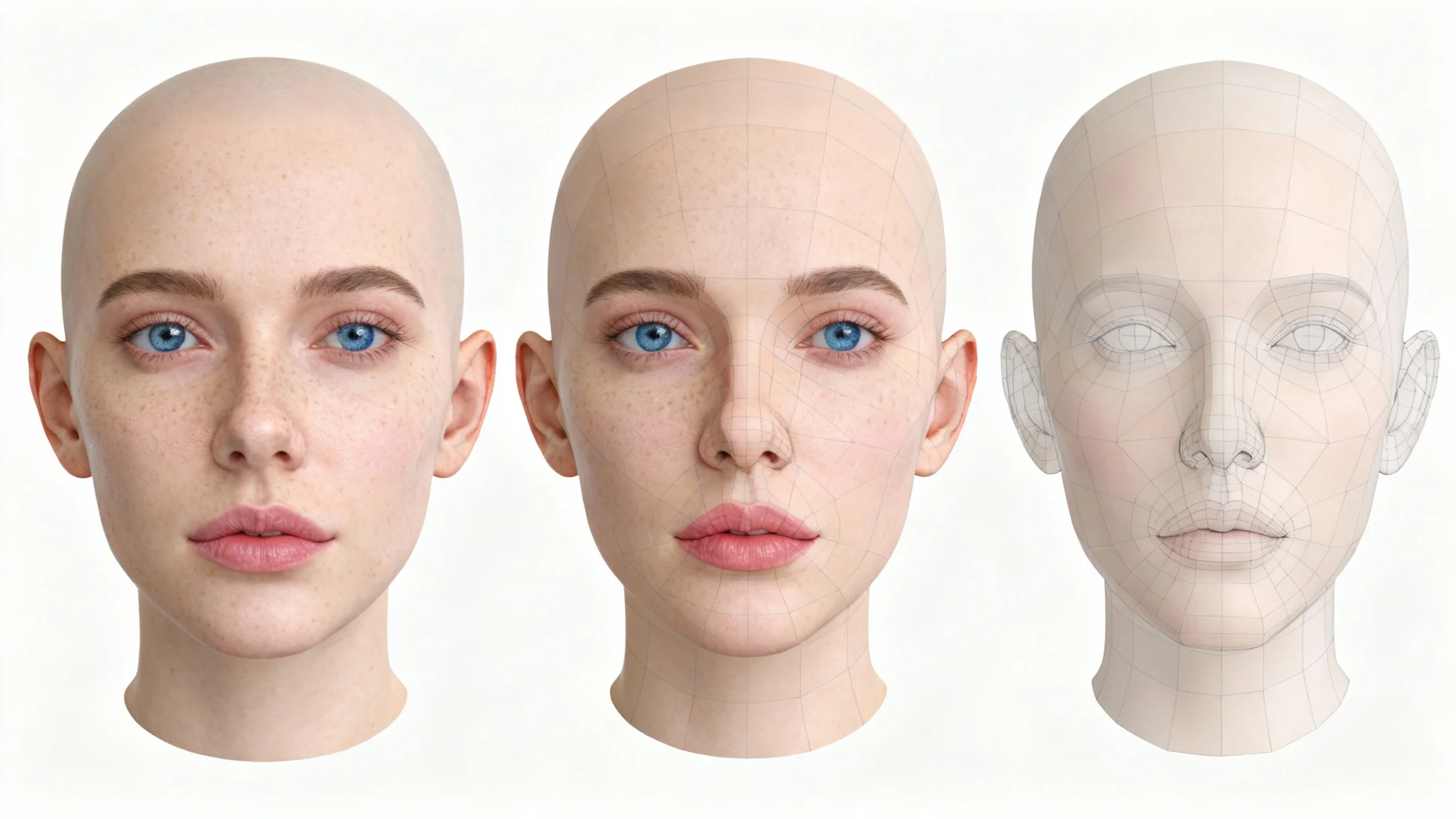 A detailed 2D UV map of a realistic human face, showing the unwrapped skin texture for a 3D model, set against a white background.
