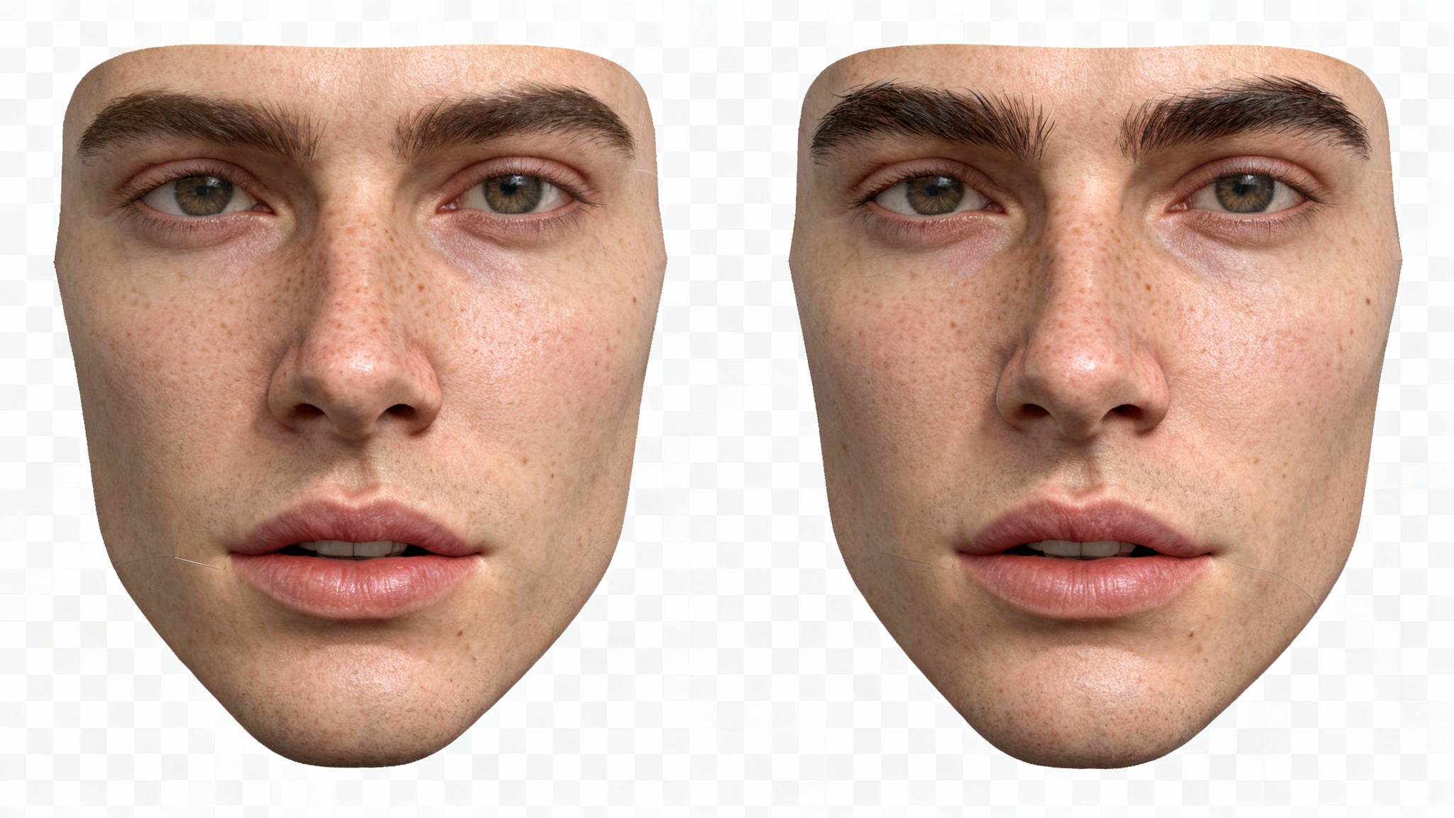 A photorealistic UV map of a human face texture, unwrapped and laid flat on a white background, showcasing detailed skin and facial features for 3D modeling.