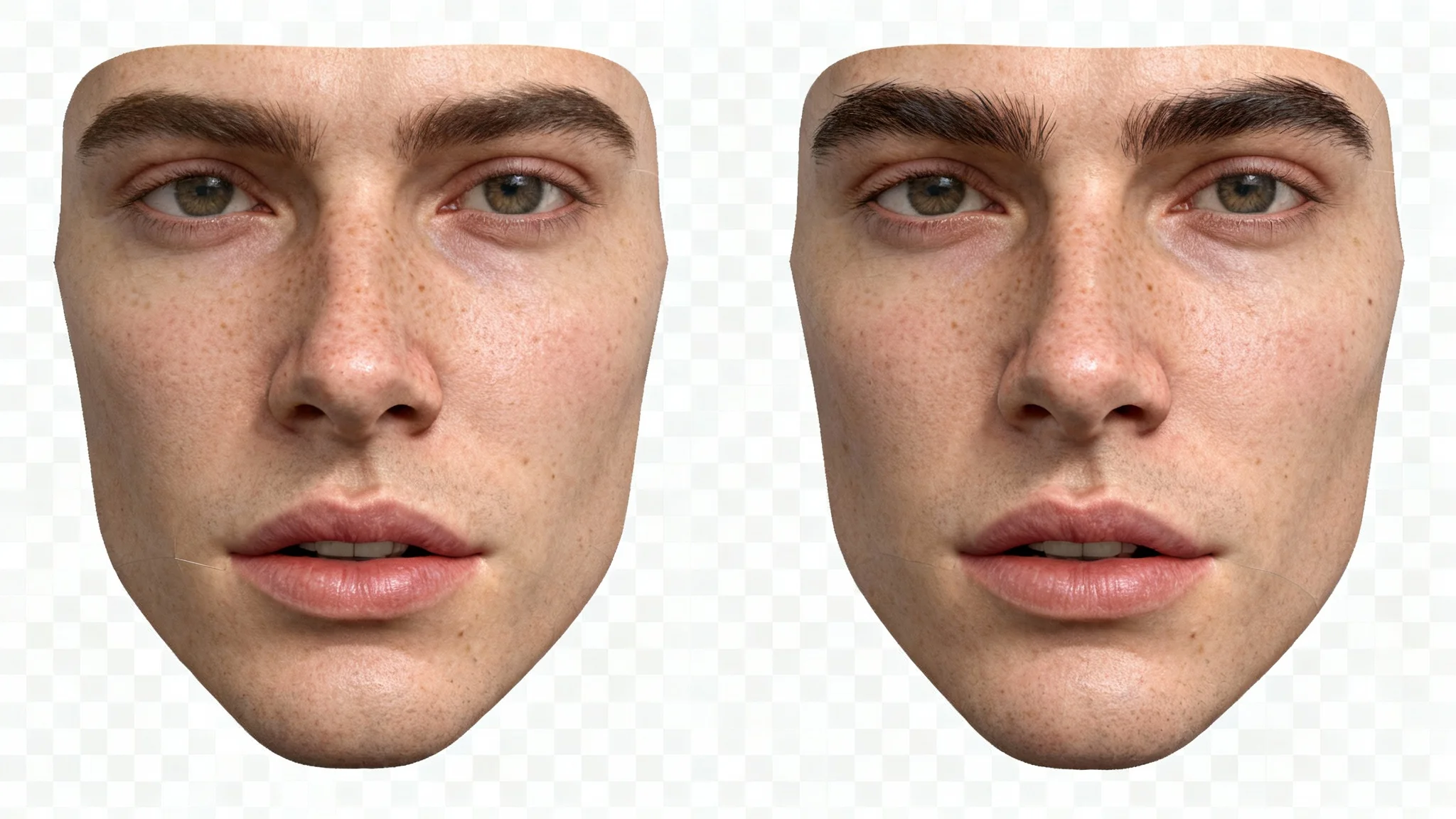 A photorealistic UV map of a human face texture, unwrapped and laid flat on a white background, showcasing detailed skin and facial features for 3D modeling.