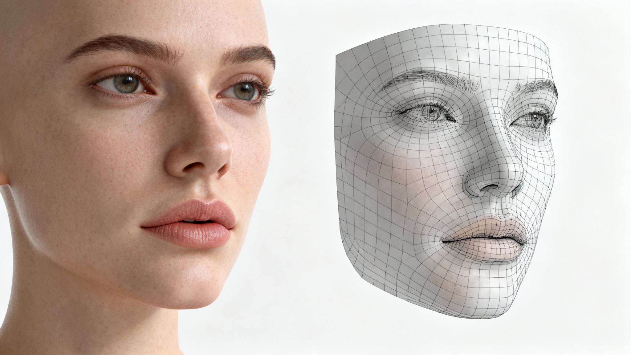 A 3D render of a human head next to its flattened 2D UV map texture on a clean white background, demonstrating the digital texturing process.