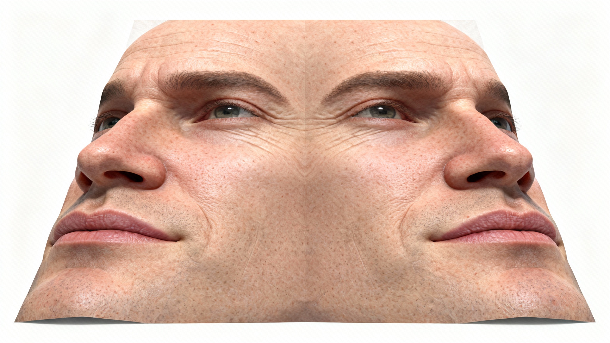 A detailed, photorealistic 2D UV map of a human face texture, laid flat against a white background, showing the unwrapped skin for 3D modeling.