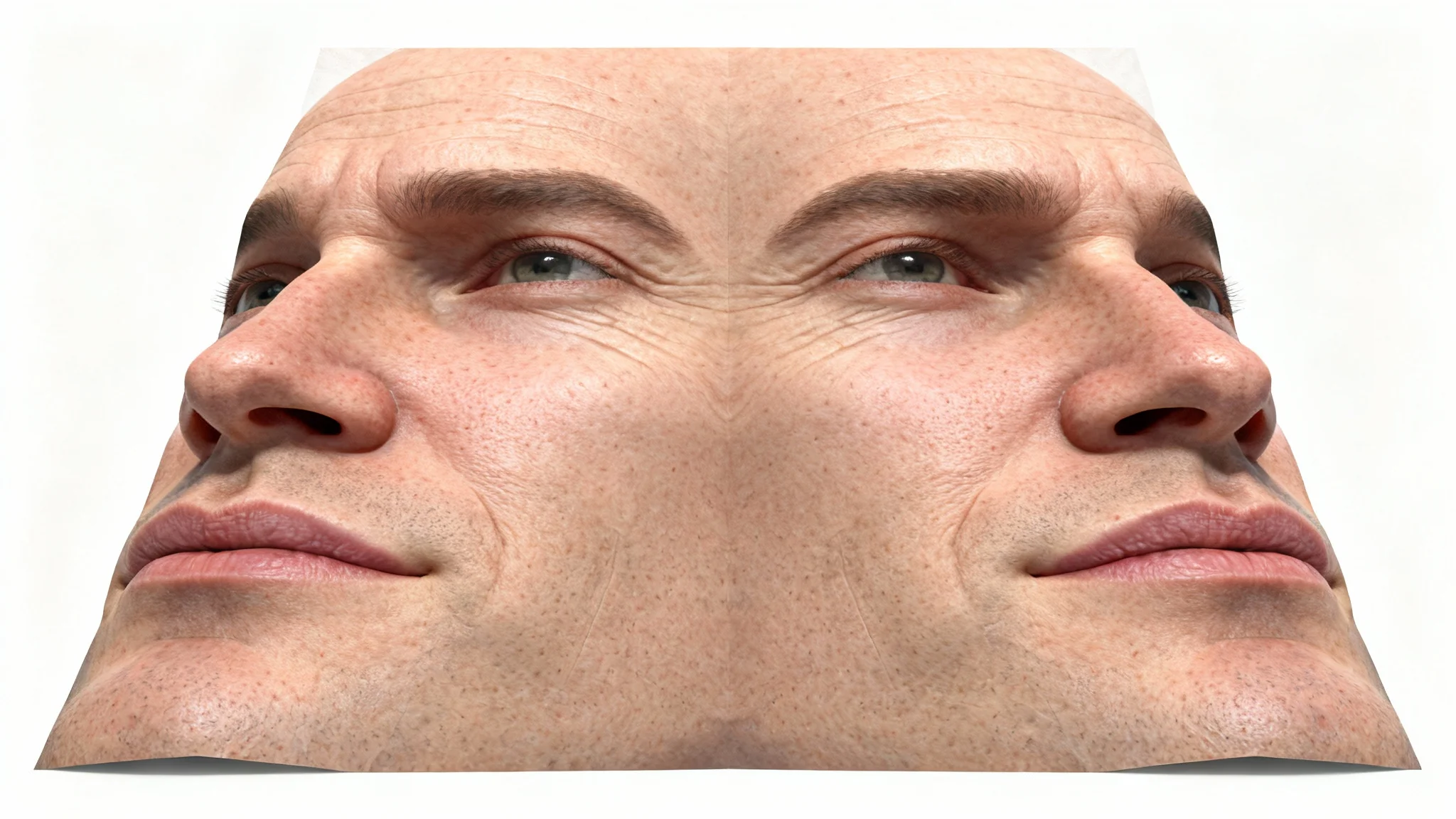 A detailed, photorealistic 2D UV map of a human face texture, laid flat against a white background, showing the unwrapped skin for 3D modeling.