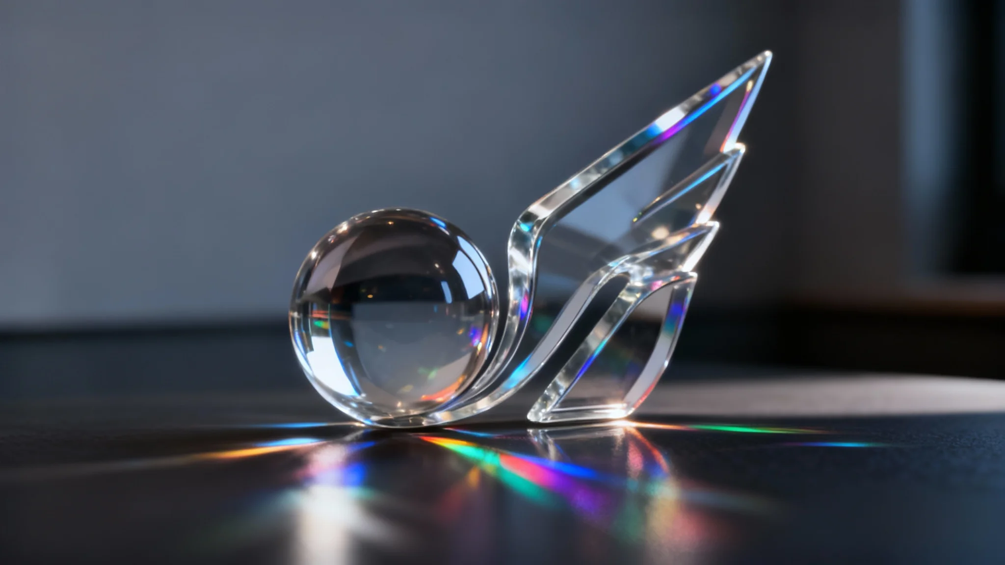 A photorealistic 3D logo of an abstract sphere and wing, made of clear glass, floating over a reflective surface against a dark background, with colorful light refracting through it.