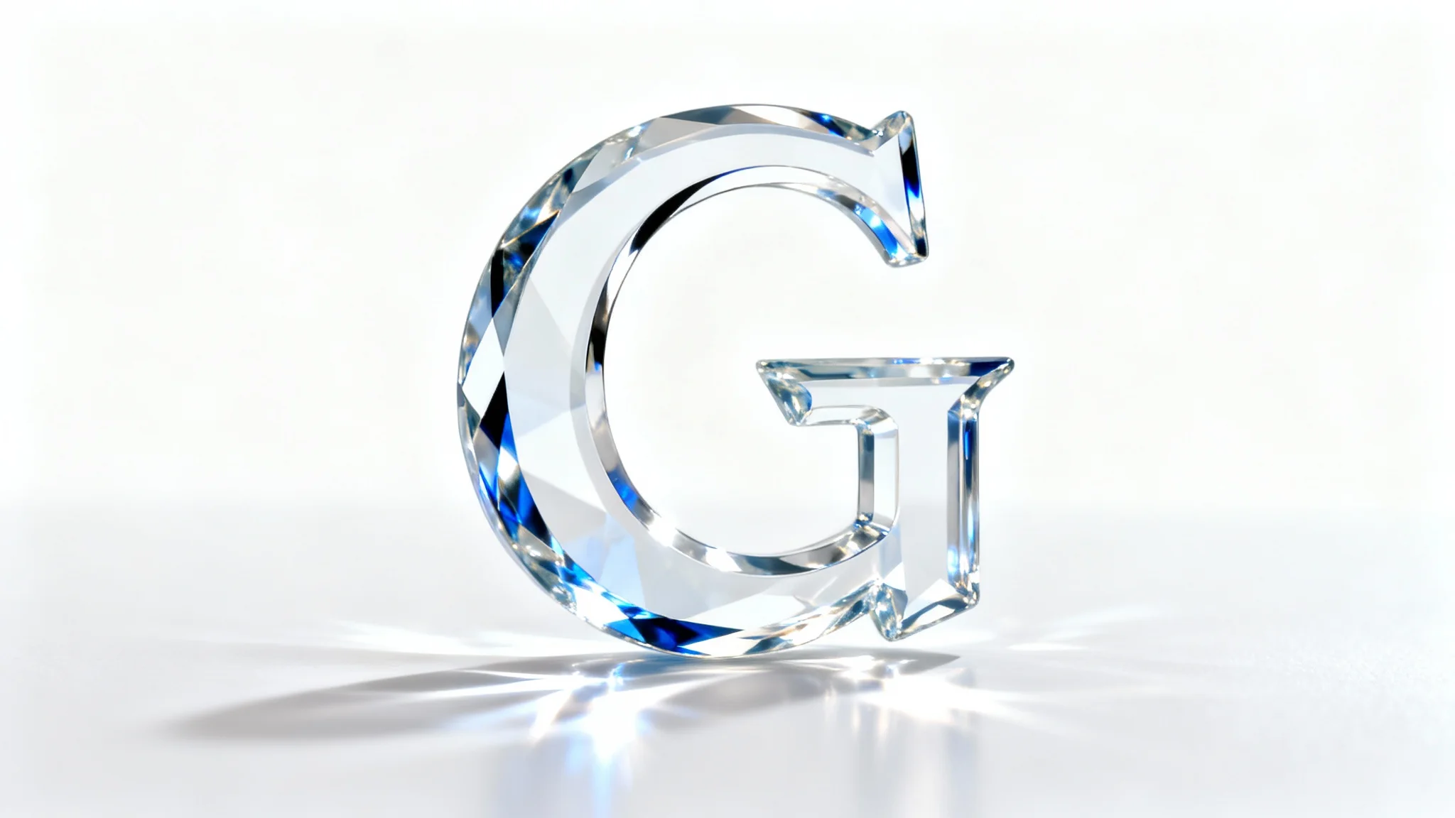A photorealistic 3D logo made of clear, polished glass in the shape of an abstract 'G', casting realistic shadows and refractions on a clean white background.