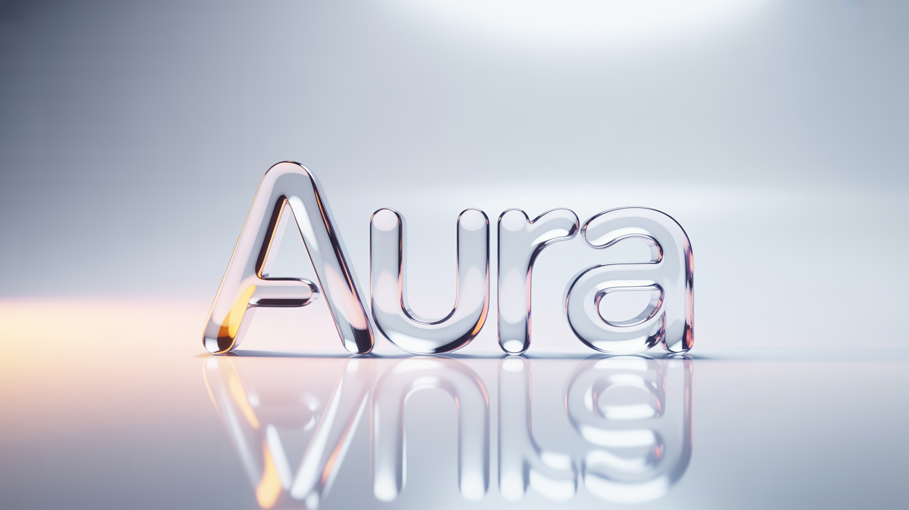 A photorealistic mockup of a 3D glass logo for the fictional brand 'AURA', shimmering with light and reflections against a clean white background.
