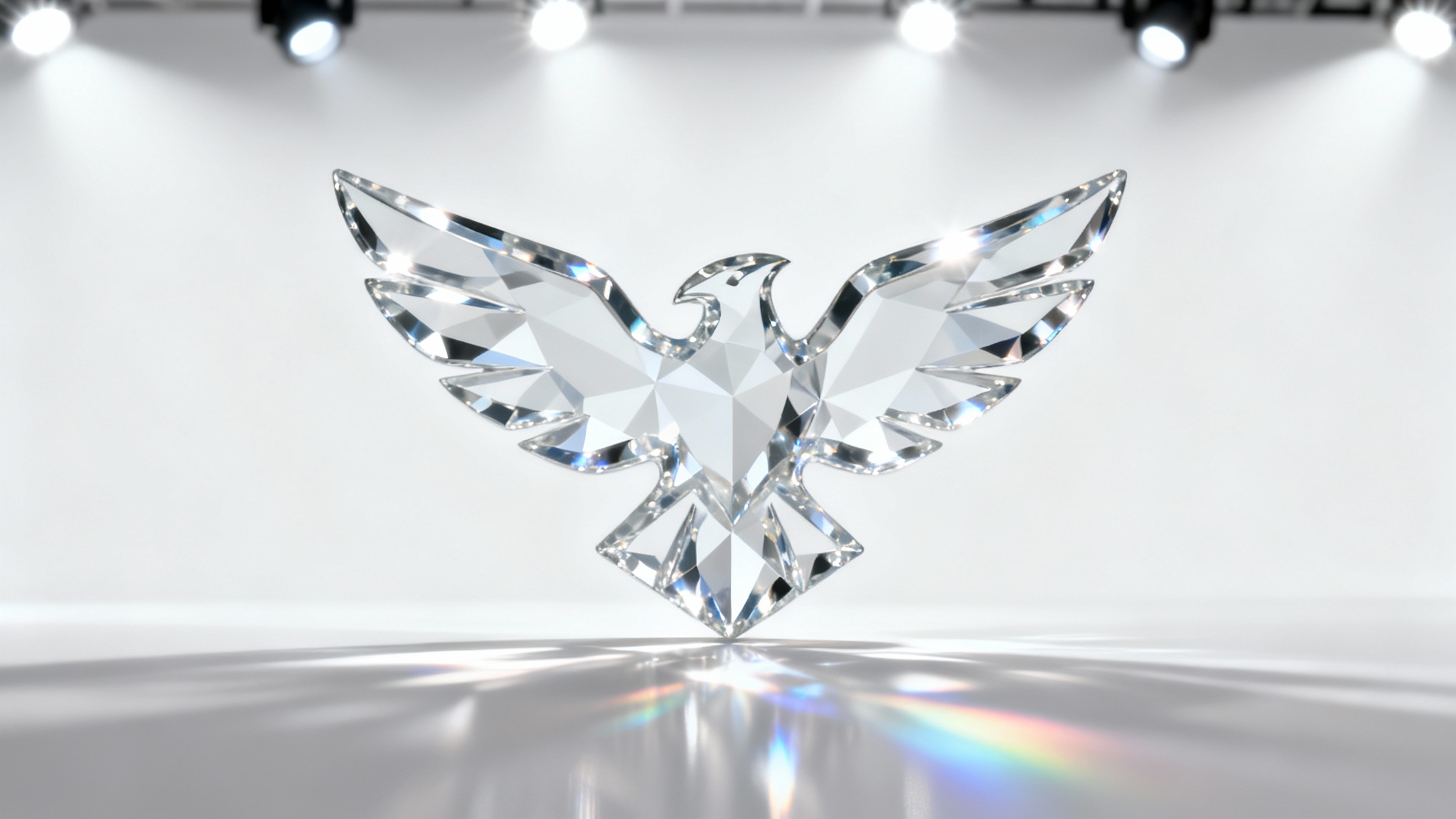A photorealistic 3D rendering of a stylized eagle logo made entirely of clear, polished glass, set against a clean white background. Studio lighting creates sharp reflections and rainbow-colored refractions within the glass.