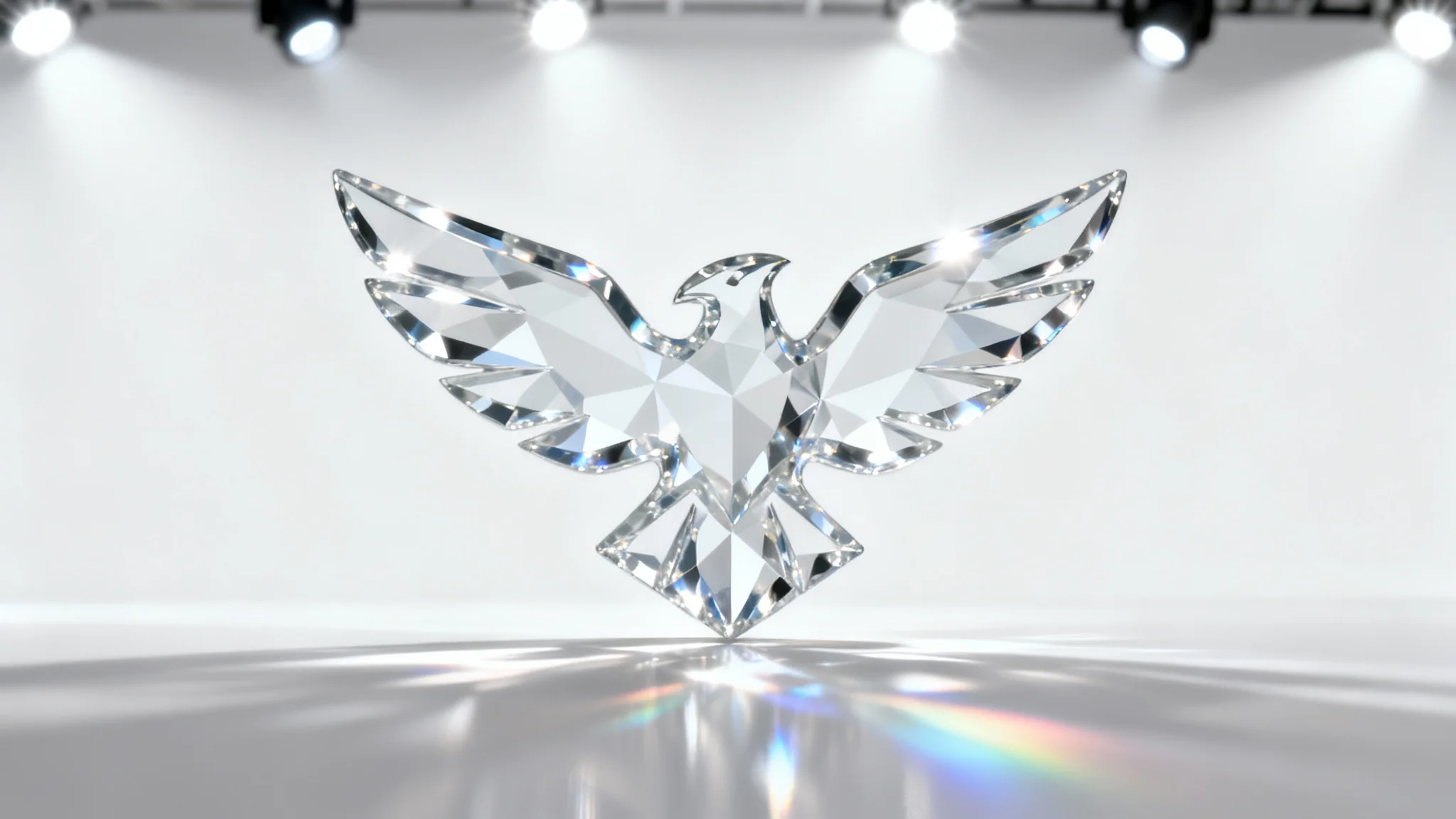 A photorealistic 3D rendering of a stylized eagle logo made entirely of clear, polished glass, set against a clean white background. Studio lighting creates sharp reflections and rainbow-colored refractions within the glass.