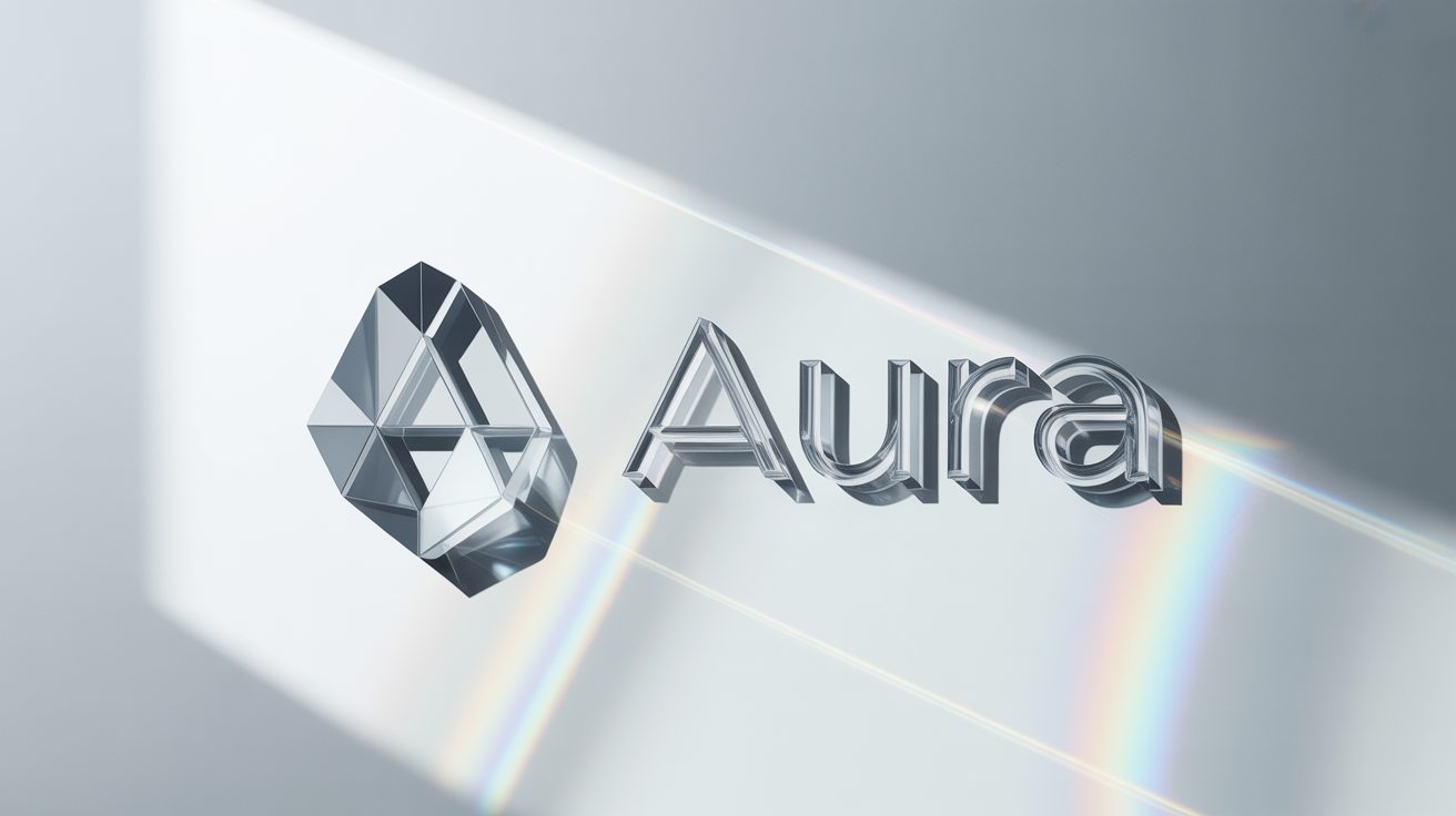 A photorealistic 3D glass logo for a fictional brand named 'AURA', featuring a stylized crystal shape, set against a clean white background. The glass is clear and refracts light.