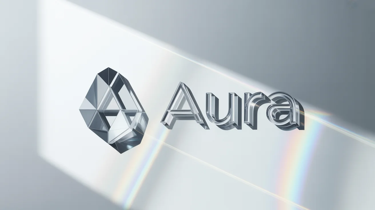 A photorealistic 3D glass logo for a fictional brand named 'AURA', featuring a stylized crystal shape, set against a clean white background. The glass is clear and refracts light.