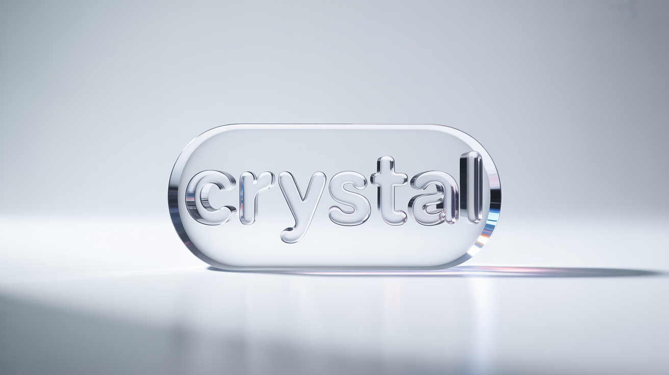 A hyper-realistic 3D logo made of transparent glass that reads 'CRYSTAL', floating against a stark white background.