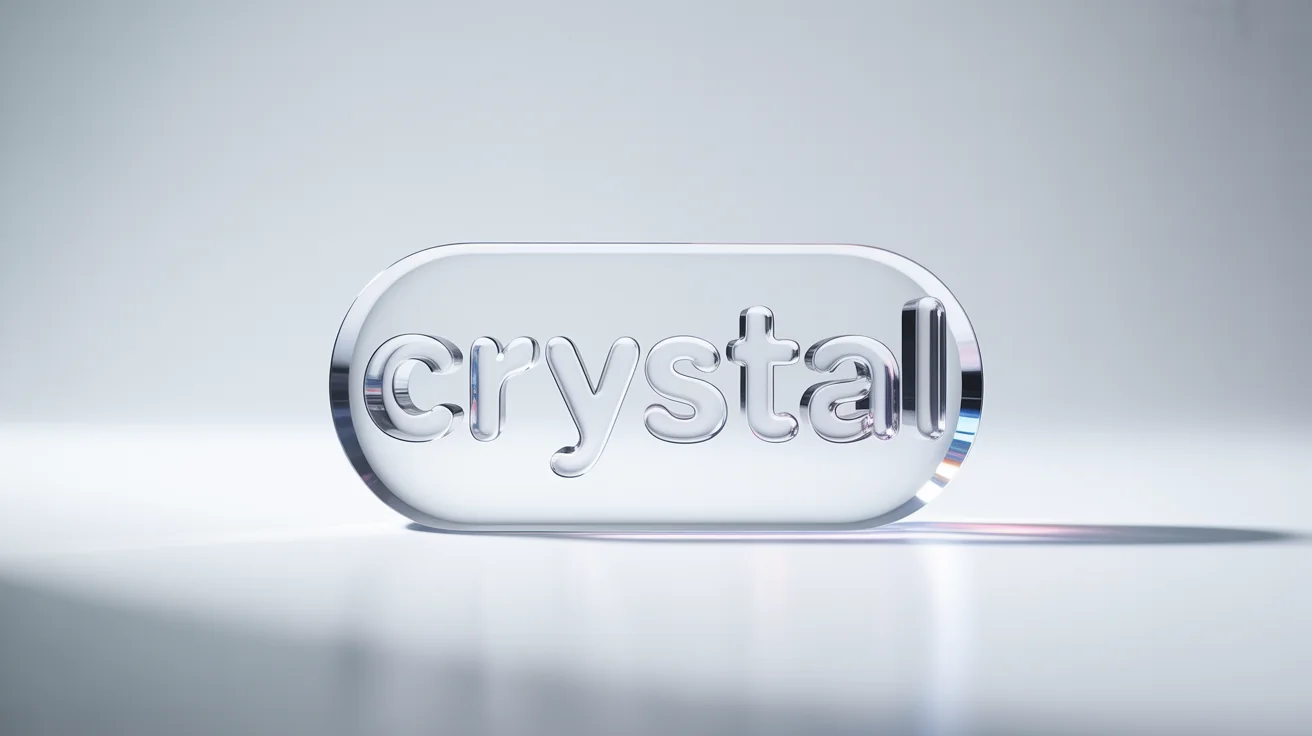A hyper-realistic 3D logo made of transparent glass that reads 'CRYSTAL', floating against a stark white background.