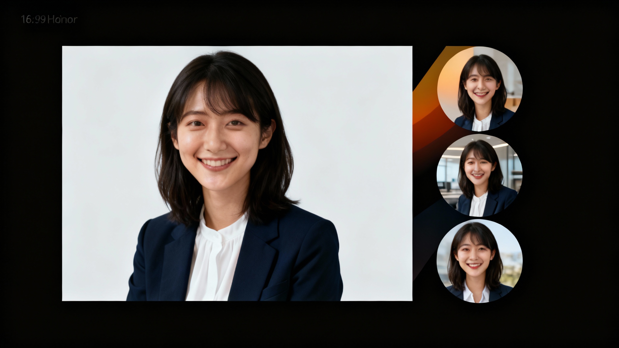 A polished hero image displaying a professional headshot of a woman, with three smaller examples next to it showing different AI-generated backgrounds like a gradient, a blurred office, and an outdoor scene.