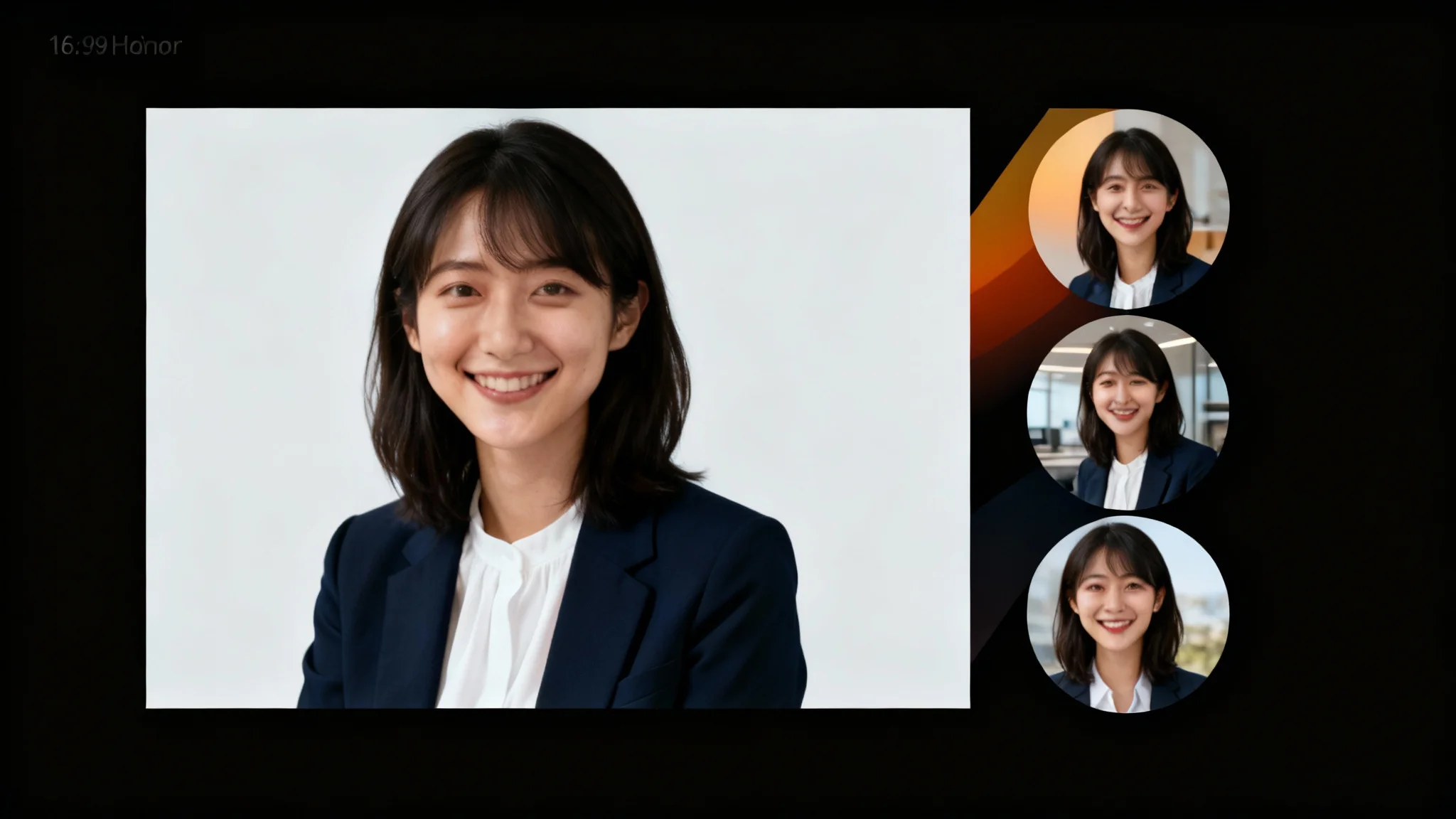 A polished hero image displaying a professional headshot of a woman, with three smaller examples next to it showing different AI-generated backgrounds like a gradient, a blurred office, and an outdoor scene.