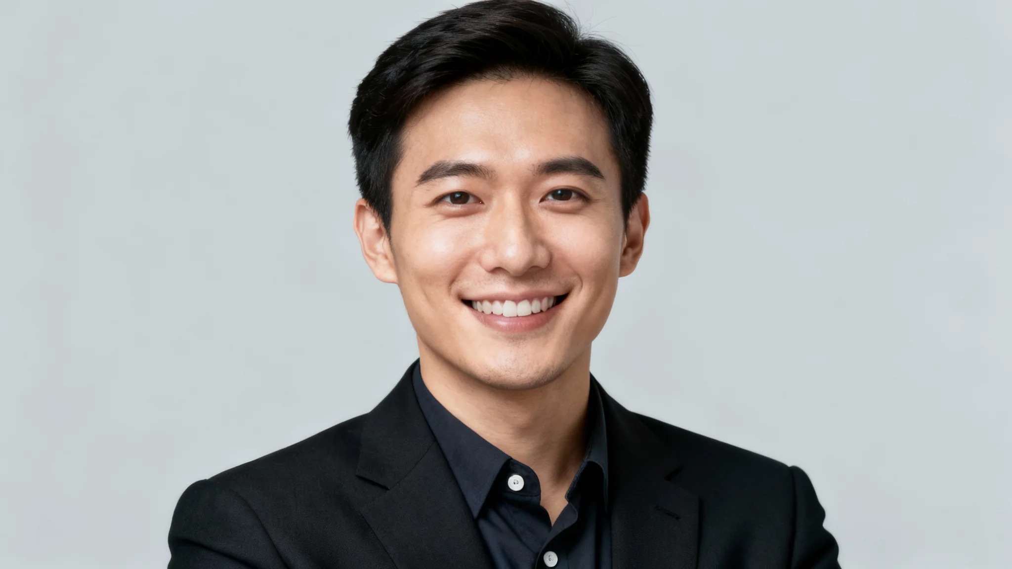 A professional LinkedIn headshot of a person smiling confidently, dressed in business attire against a clean, light grey studio background.