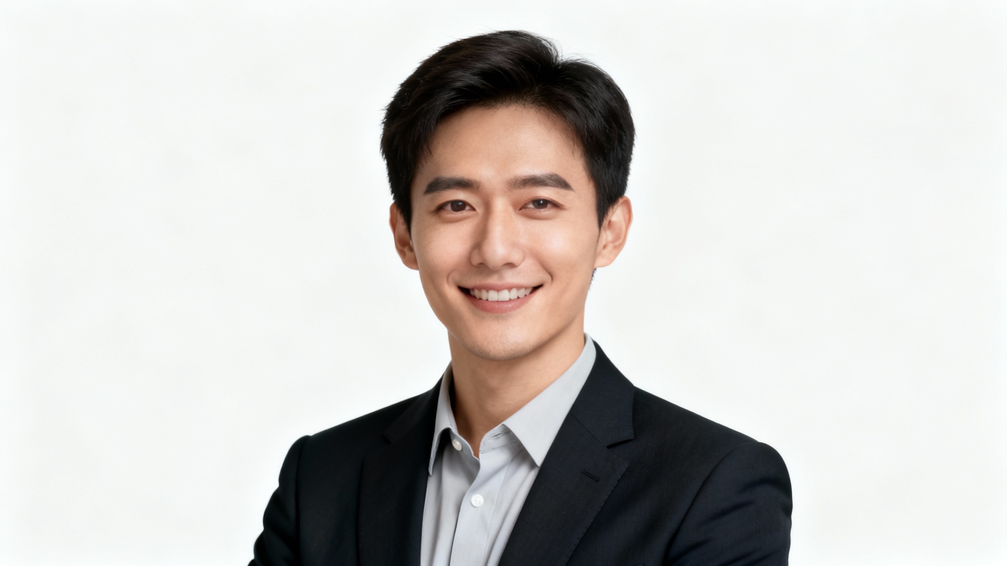 A professional LinkedIn headshot mockup showing a confident person in business attire smiling against a neutral gray background, all set against a clean white backdrop.