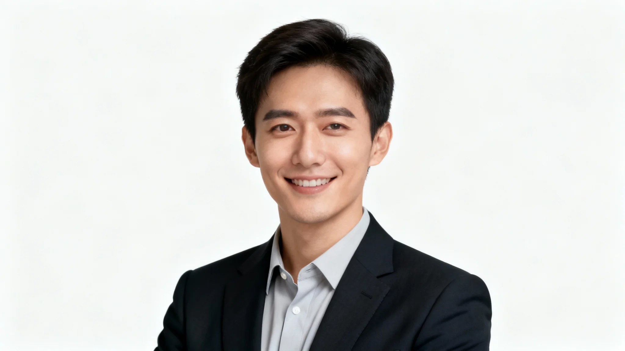 A professional LinkedIn headshot mockup showing a confident person in business attire smiling against a neutral gray background, all set against a clean white backdrop.