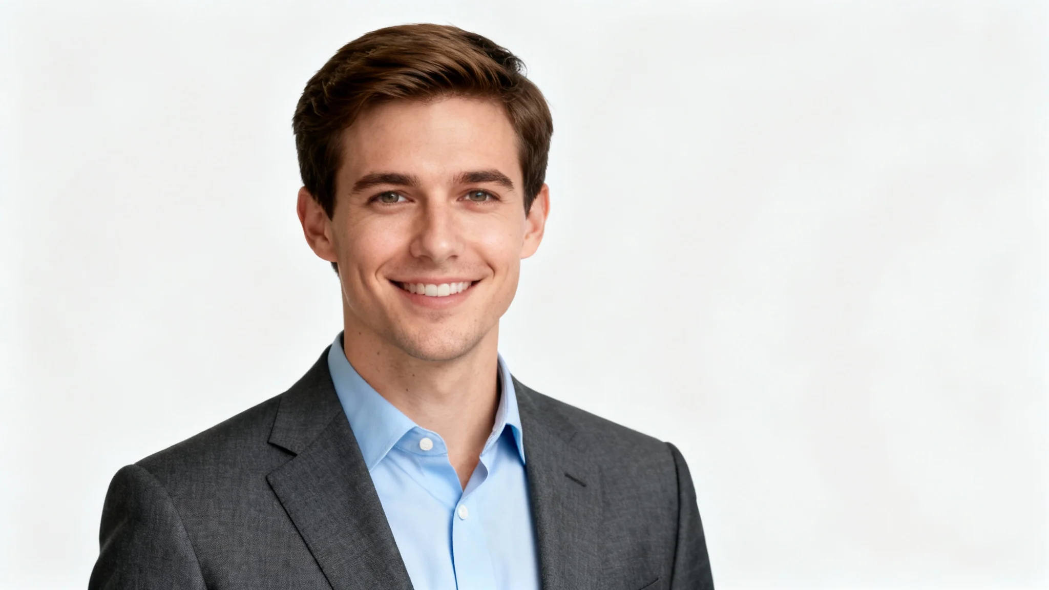 A professional, photorealistic headshot of a man in his early 30s wearing a suit, suitable for a LinkedIn profile, set against a clean white background.