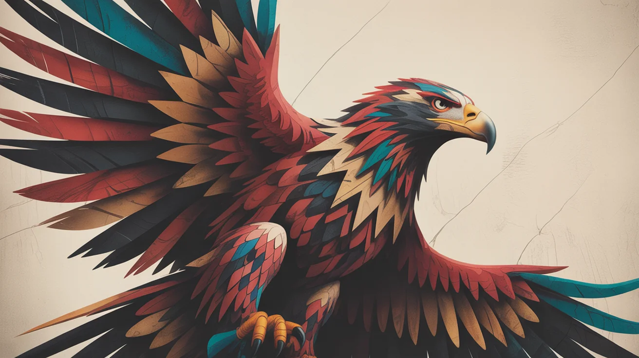 A modern digital illustration of a stylized eagle in a geometric tribal art style, using an earthy color palette with red, black, and turquoise accents.
