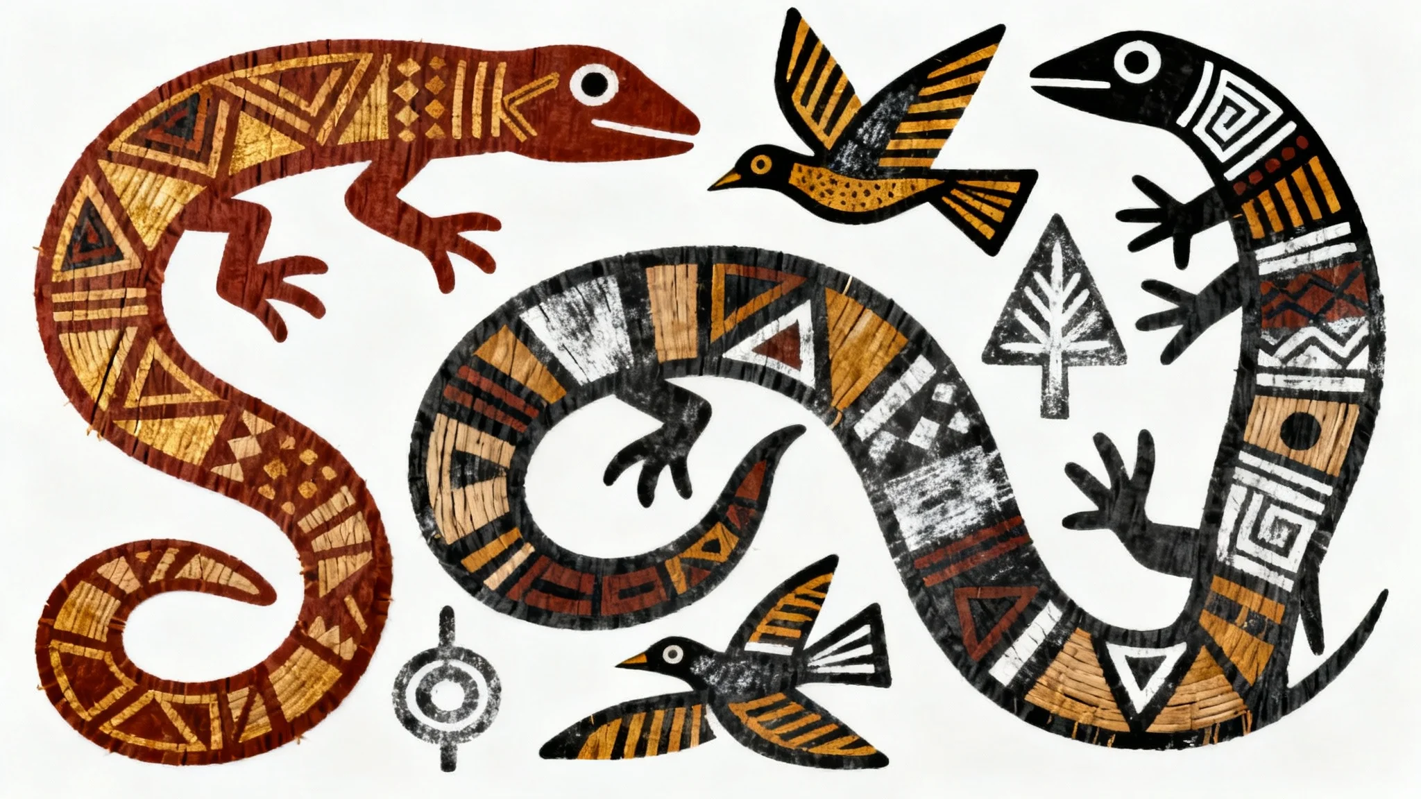 A detailed mockup of a tribal art piece, featuring geometric patterns and stylized figures in earthy tones, displayed against a clean white background.