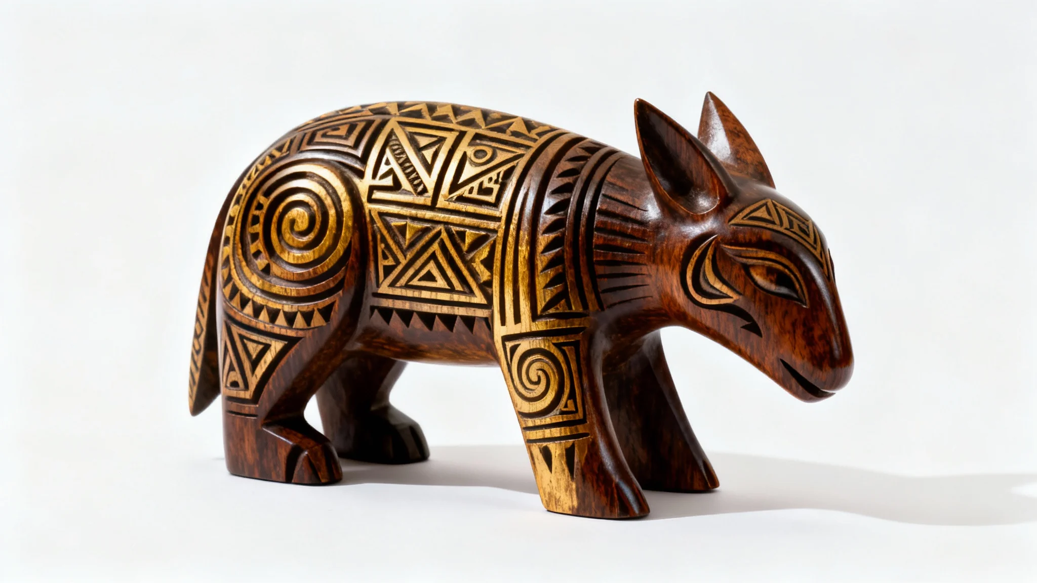 A beautifully crafted wooden statuette in a tribal art style, featuring intricate geometric carvings, displayed centrally on a clean white background.