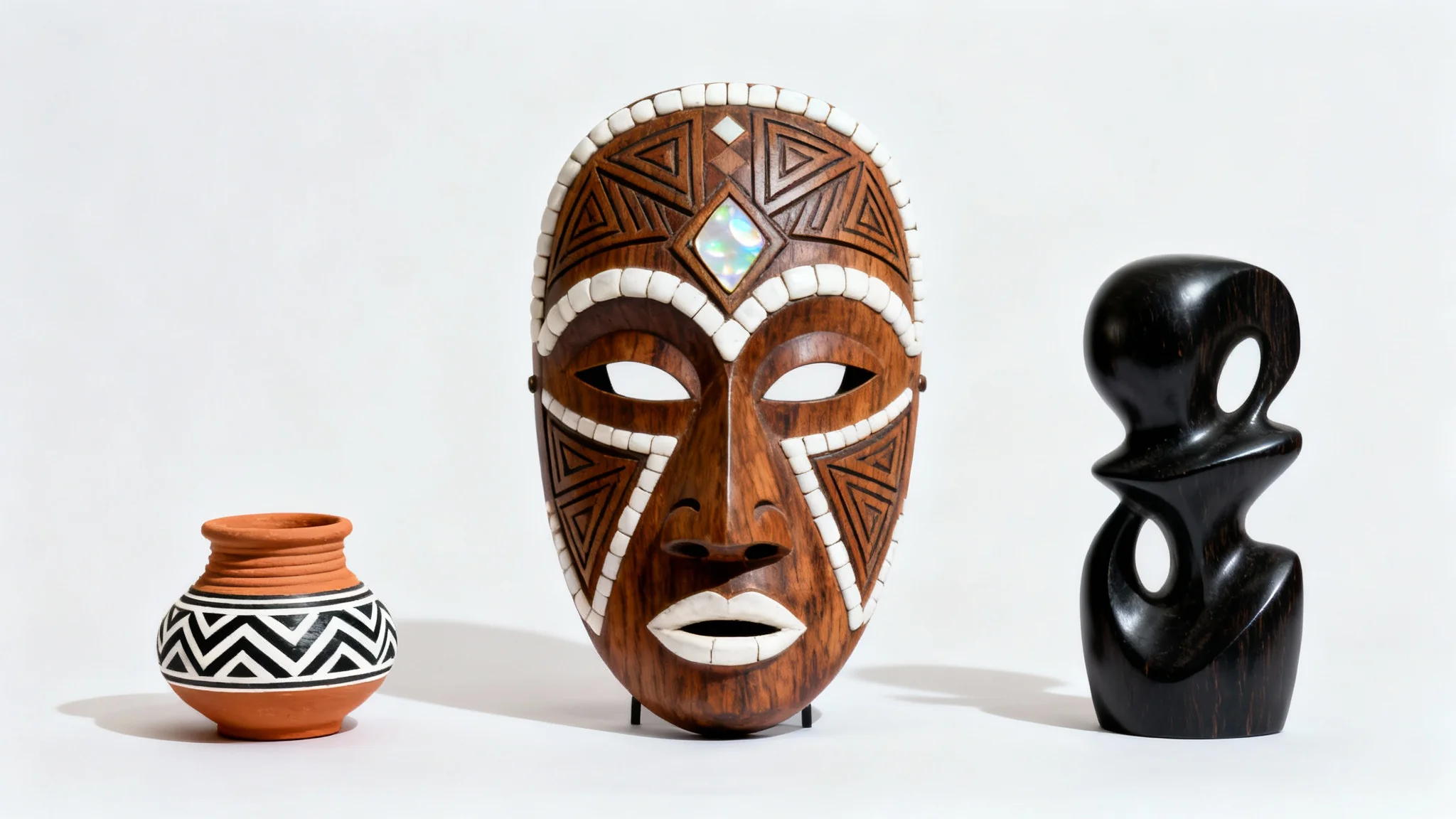 A studio photograph of three distinct tribal art pieces arranged on a white background: a central carved wooden mask with geometric patterns, a small terracotta pot, and a dark wood sculpture.
