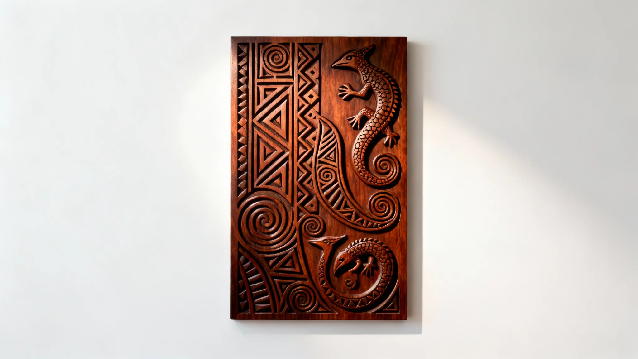 A highly detailed, hand-carved wooden panel featuring intricate tribal art patterns, displayed against a plain white background.