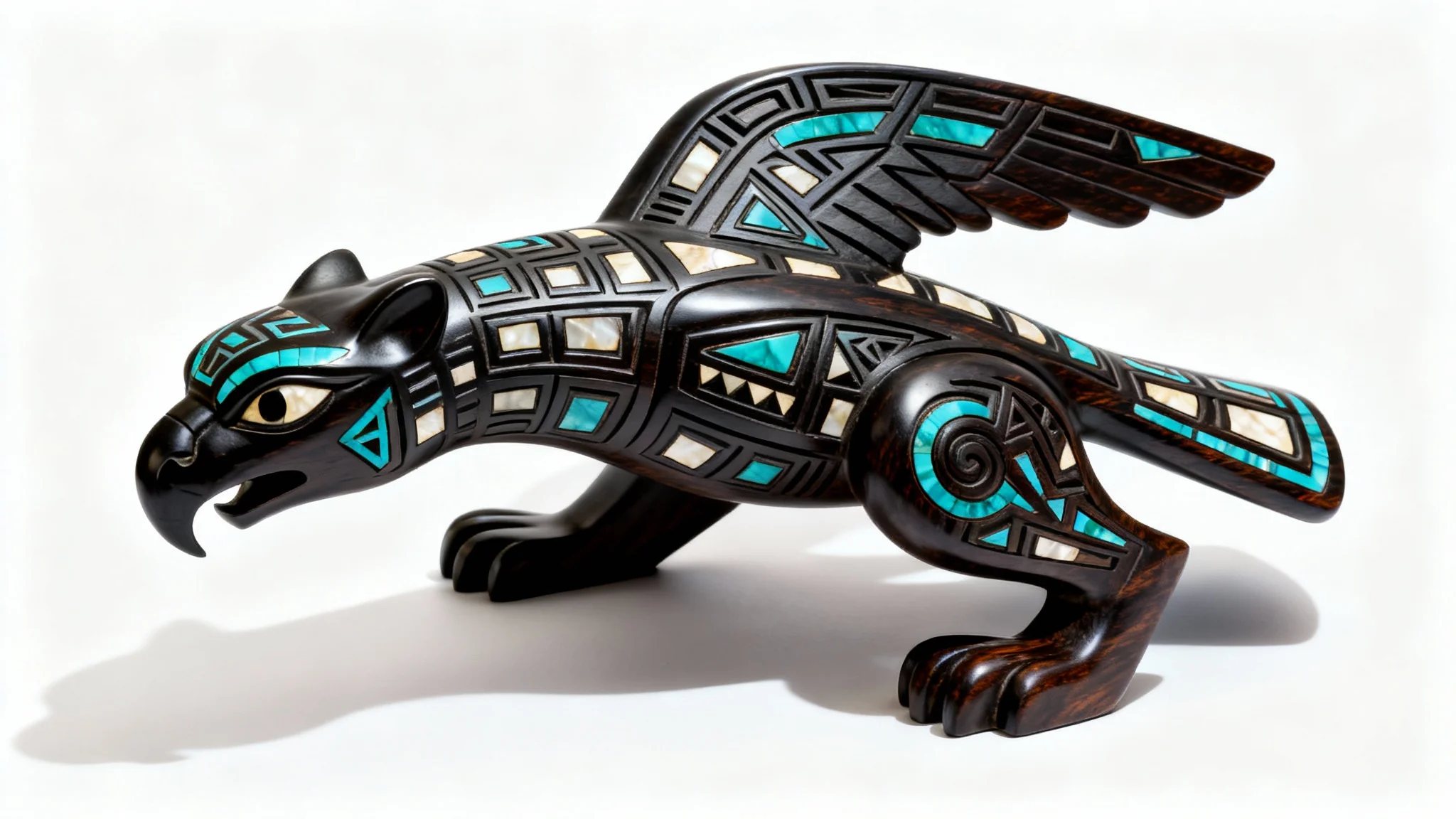 A photorealistic image of a dark wooden tribal sculpture of a stylized animal, featuring intricate carvings and turquoise inlays, set against a clean white background.