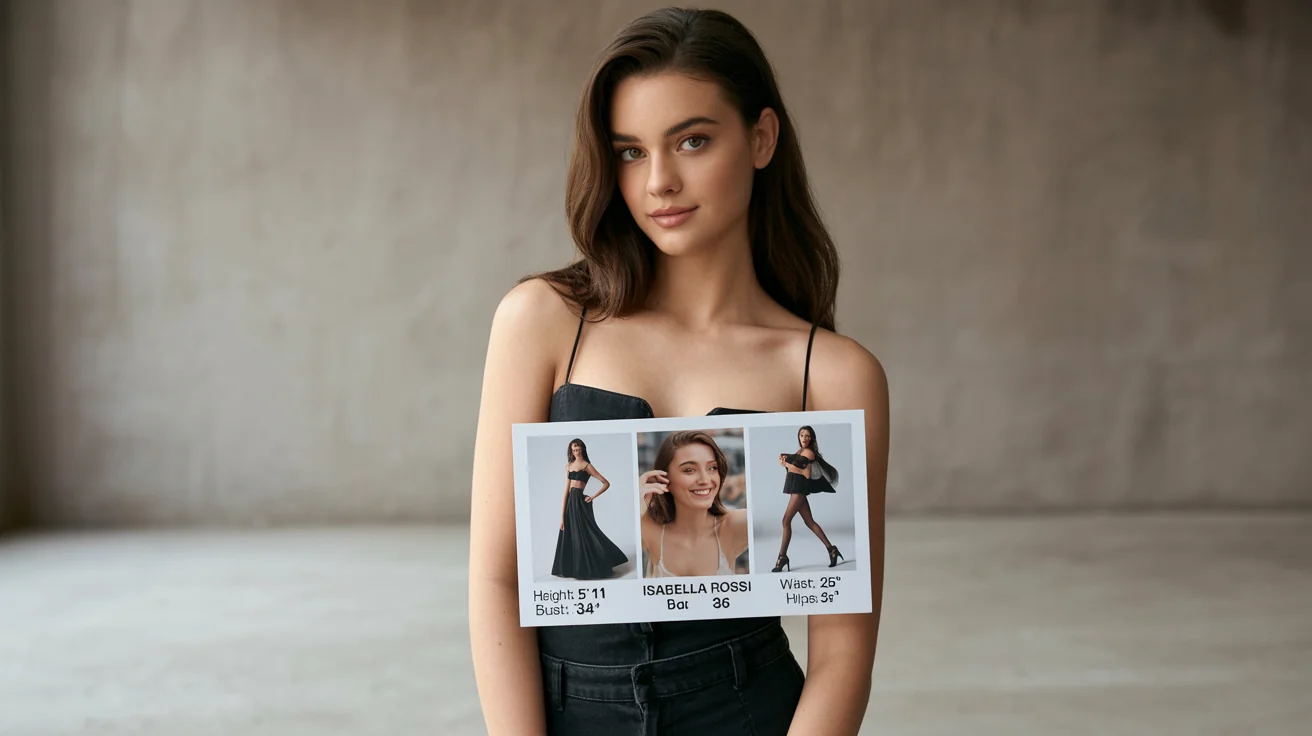 A professionally designed model comp card for 'Isabella Rossi' lying on a clean surface. The card shows a large main photo, three smaller portfolio images, and her measurements in a modern, clean font.