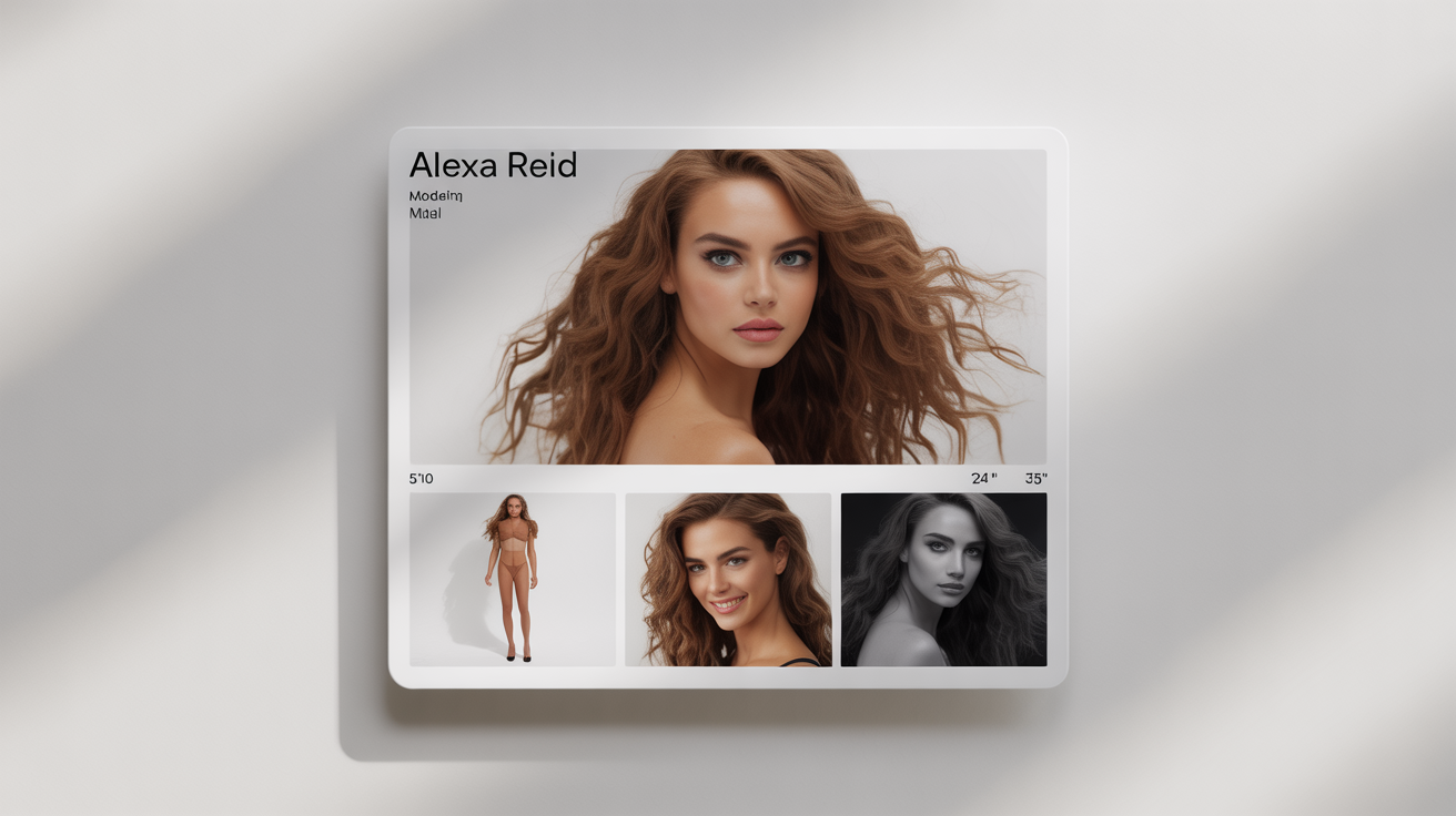 A professional mockup of a model's comp card for 'Alexa Reid', featuring her headshot, three smaller photos showcasing different looks, and her measurements, all on a clean white background.