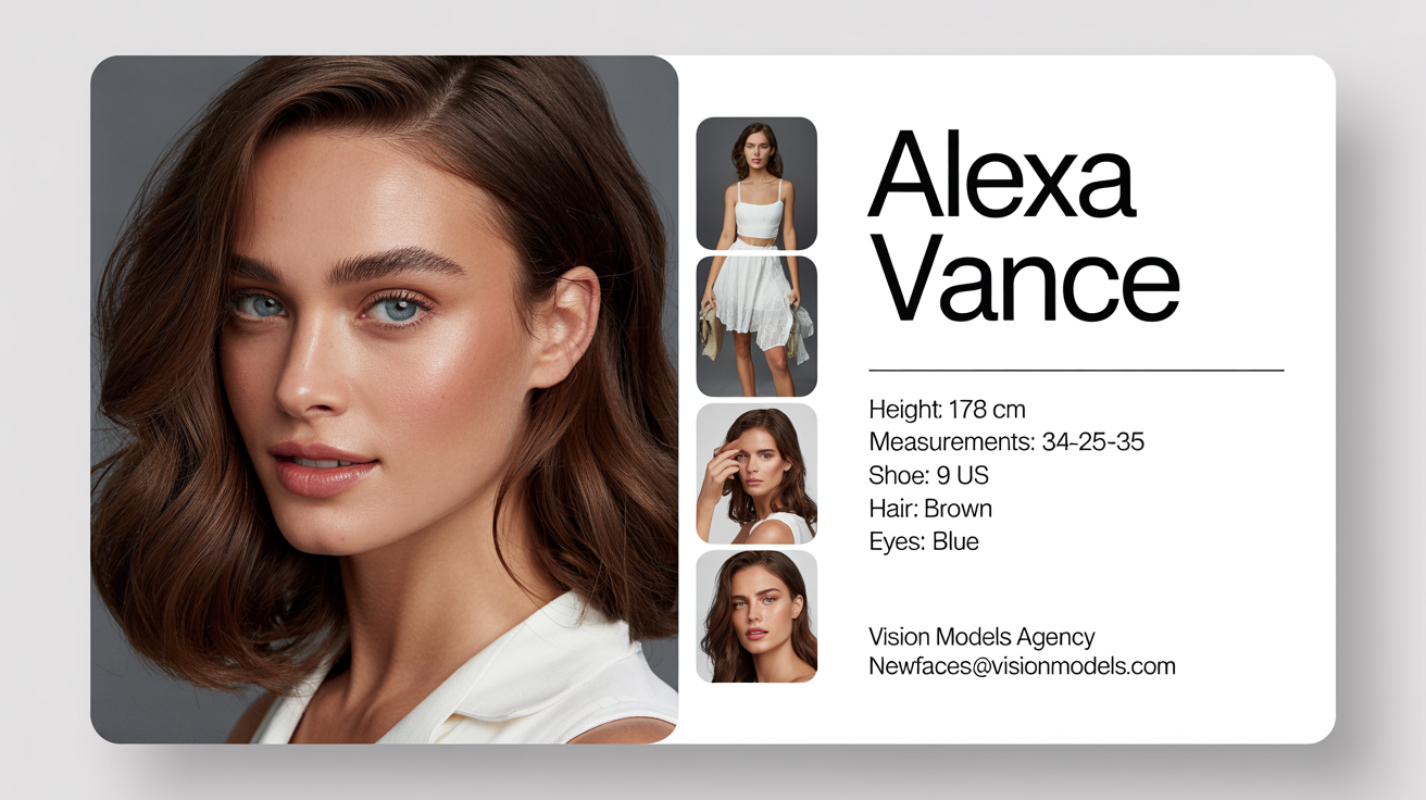 A professional model comp card for 'Alexa Vance' on a white background, featuring a main headshot, three smaller photos, and model statistics.