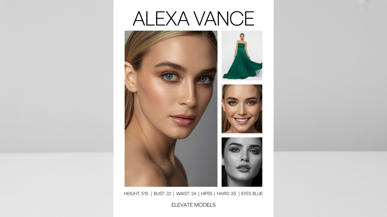 A professional model's comp card mockup featuring a headshot and multiple poses for a fictional model named 'Alexa Vance', with her measurements and agency details displayed on a white background.